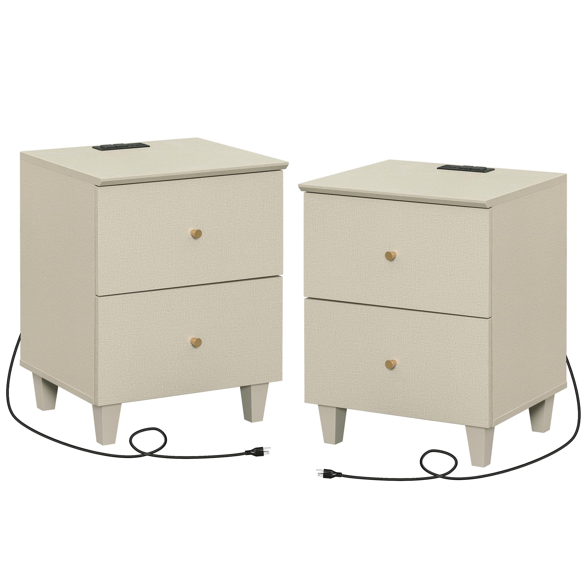 WAMPAT Set of 2 Nightstands with Charging Station&2 Drawers Storage, Modern End Tables Mid-Century Wood Bedside Tables with 2 AC Outlets & USB Ports