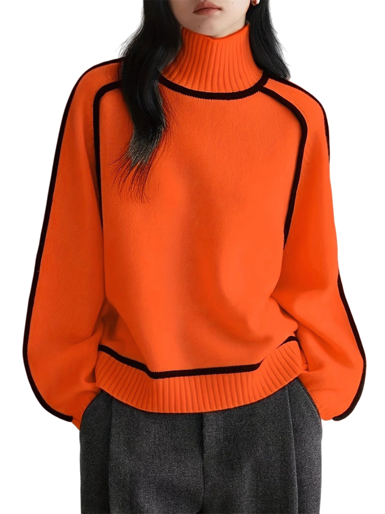 Maglione da donna a collo alto, a maniche lunghe, lavorato a maglia con bordo a contrasto, alla moda, per autunno e inverno, basic