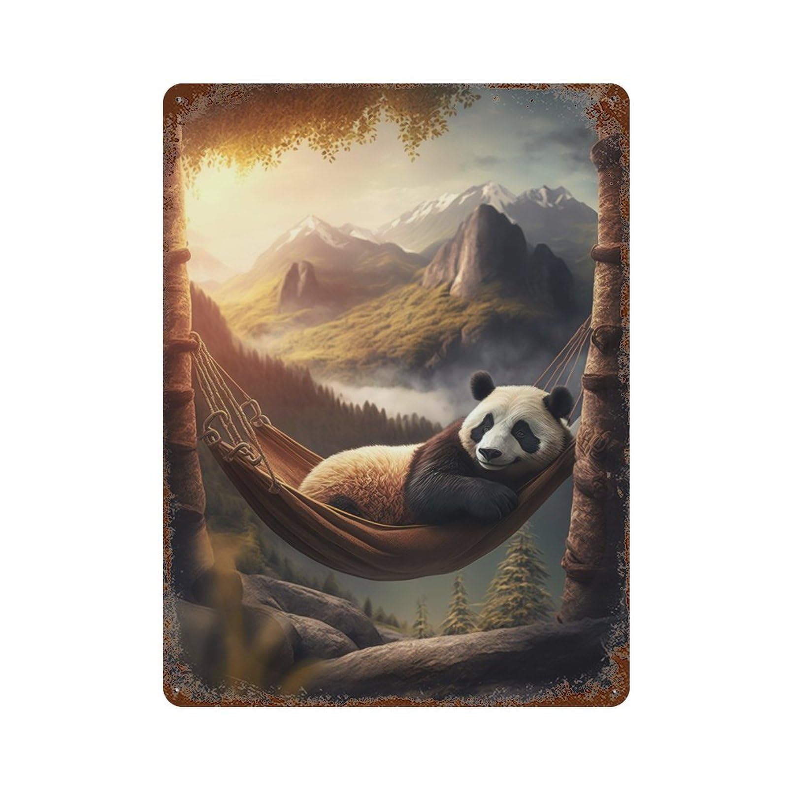 Rusty Metal Tin Sign with Chilling Hammock Panda Design 15.7"x11.8", for Farmhouse, Kitchen And Entryway Decor, Rustic Home Decor