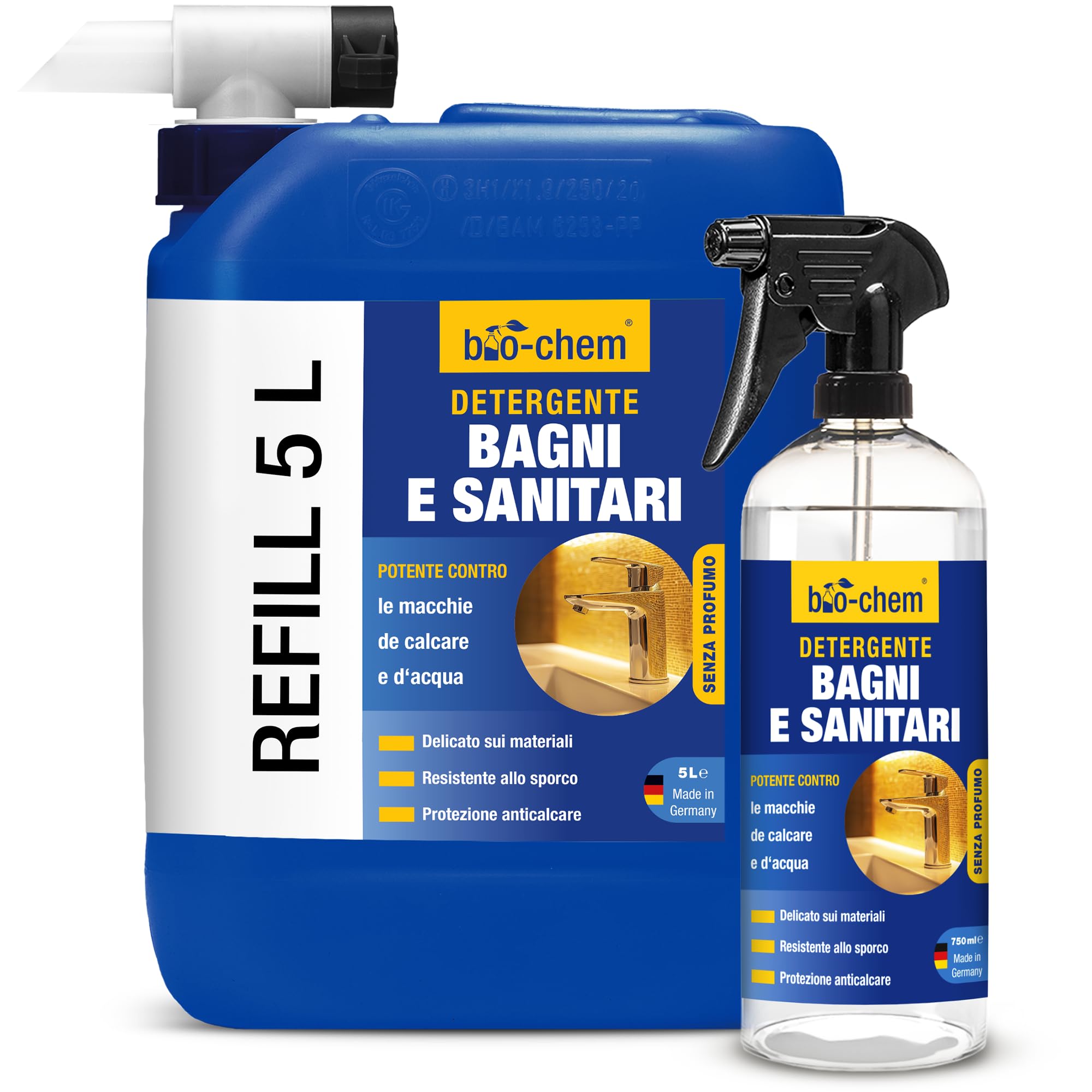 bio-chem Detergente bagno e toilette anticalcare 750ml + 5L | Prodotto per la pulizia di doccia, lavandino e WC - Detergente anticalcare e antimuffa per il bagno