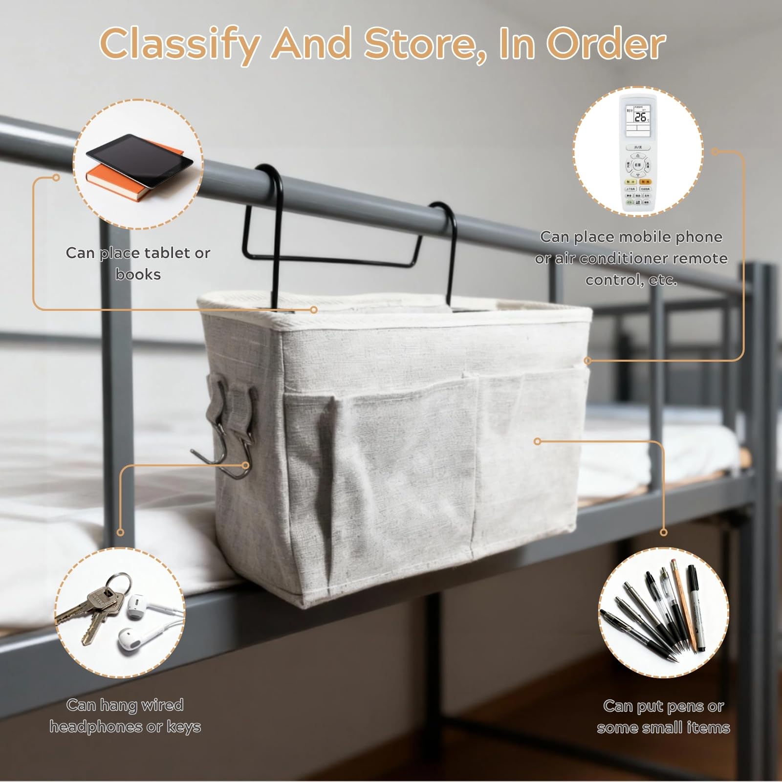 Qanye 2 Pezzi Borsa da Comodino, Tasche da Letto Appendibile, Tasche Portaoggetti Letto, Tasche da Comodino, Tasca da Letto, per Ufficio, Cucina, Camera da Letto (Grigio