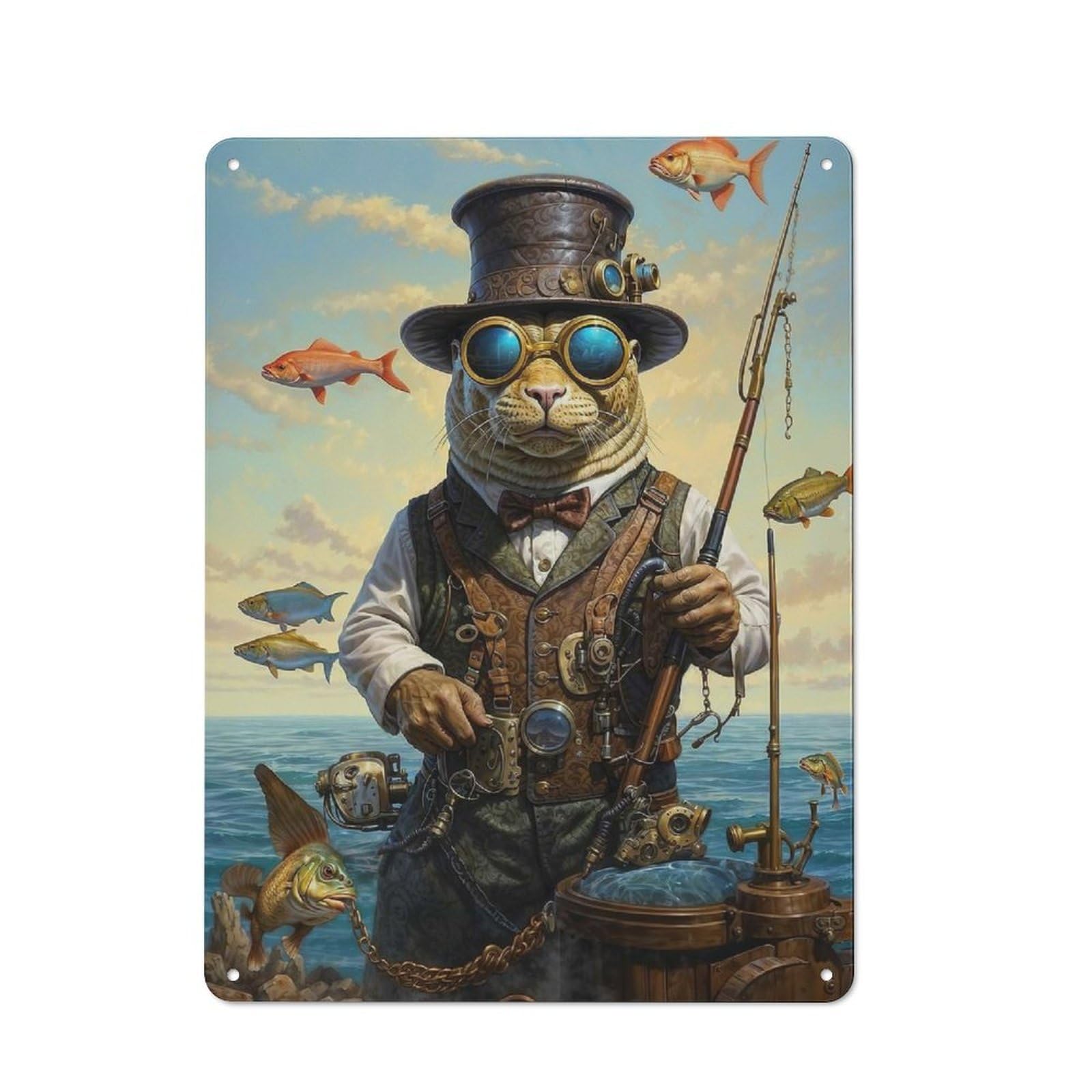 Junmoney Steampunk Seal Fisherman Vintage Decorative Metal Plaque 40X30cm, Garden Room Wall Plaque For Shed, Garden Room, Porch Or Garage