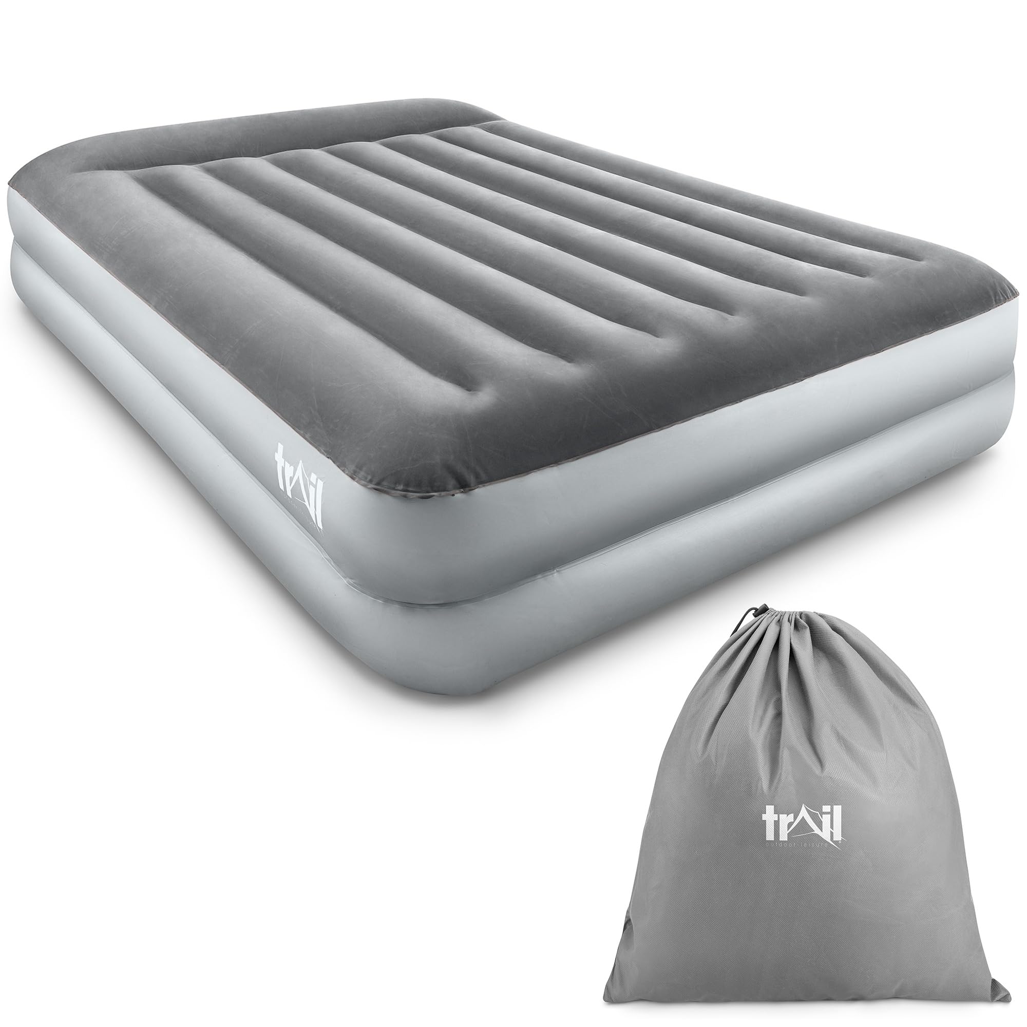 Trail Outdoor Leisure Grey Double Air Bed With Built In Electric Pump And Pillow, 2 Person Inflatable Guest Mattress, Blow Up Camping Airbed For Couples, Flocked Waterproof Antimicrobial, I-Beam Support (203Cm X 152Cm X 46Cm)