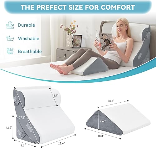 Miniatura 5 de Kingfun Juego de 4 almohadas ortopédicas de cuña para poscirugía, espuma viscoelástica para dormir, soporte ajustable para piernas, espalda y