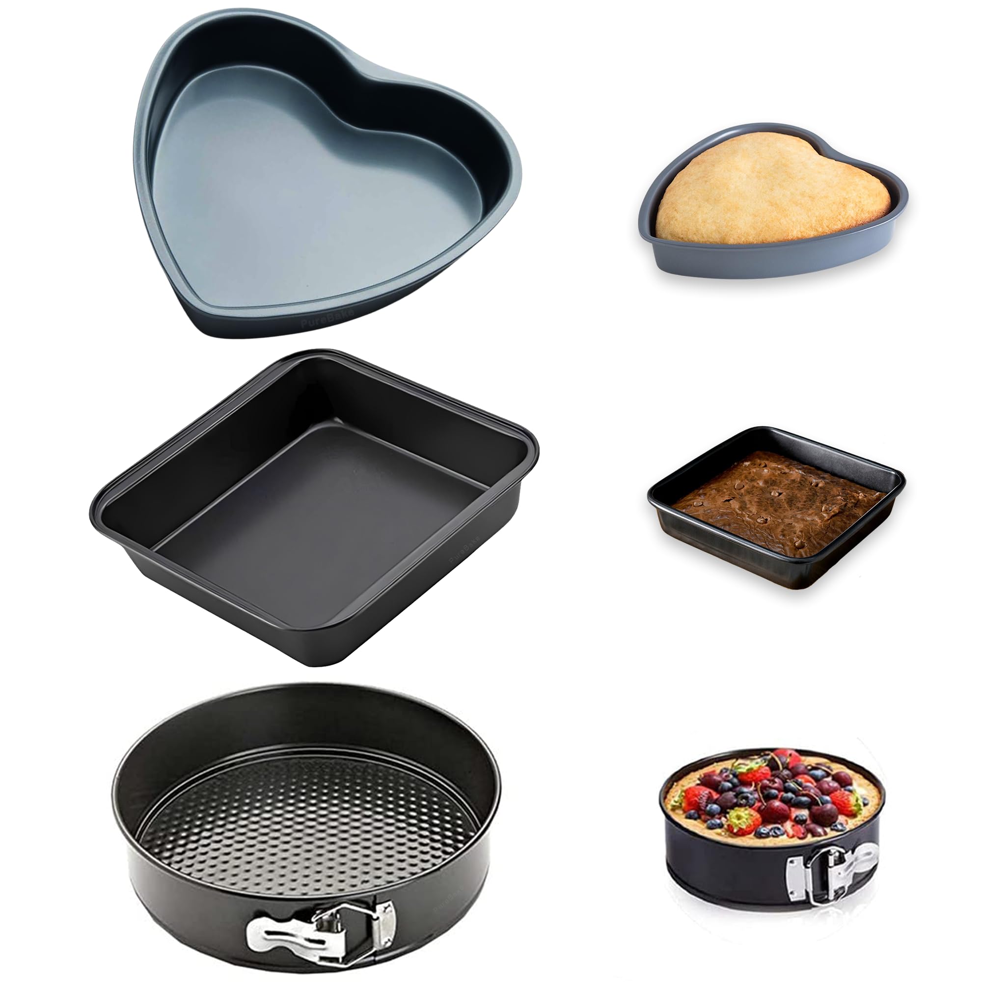 Curated Cart Premium Cake Making Set - Combo Carbon Steel Cake Baking Tins and Moulds for Microwave, OTG Oven and Dishwasher Safe (Heart & Square Tins + Mould)