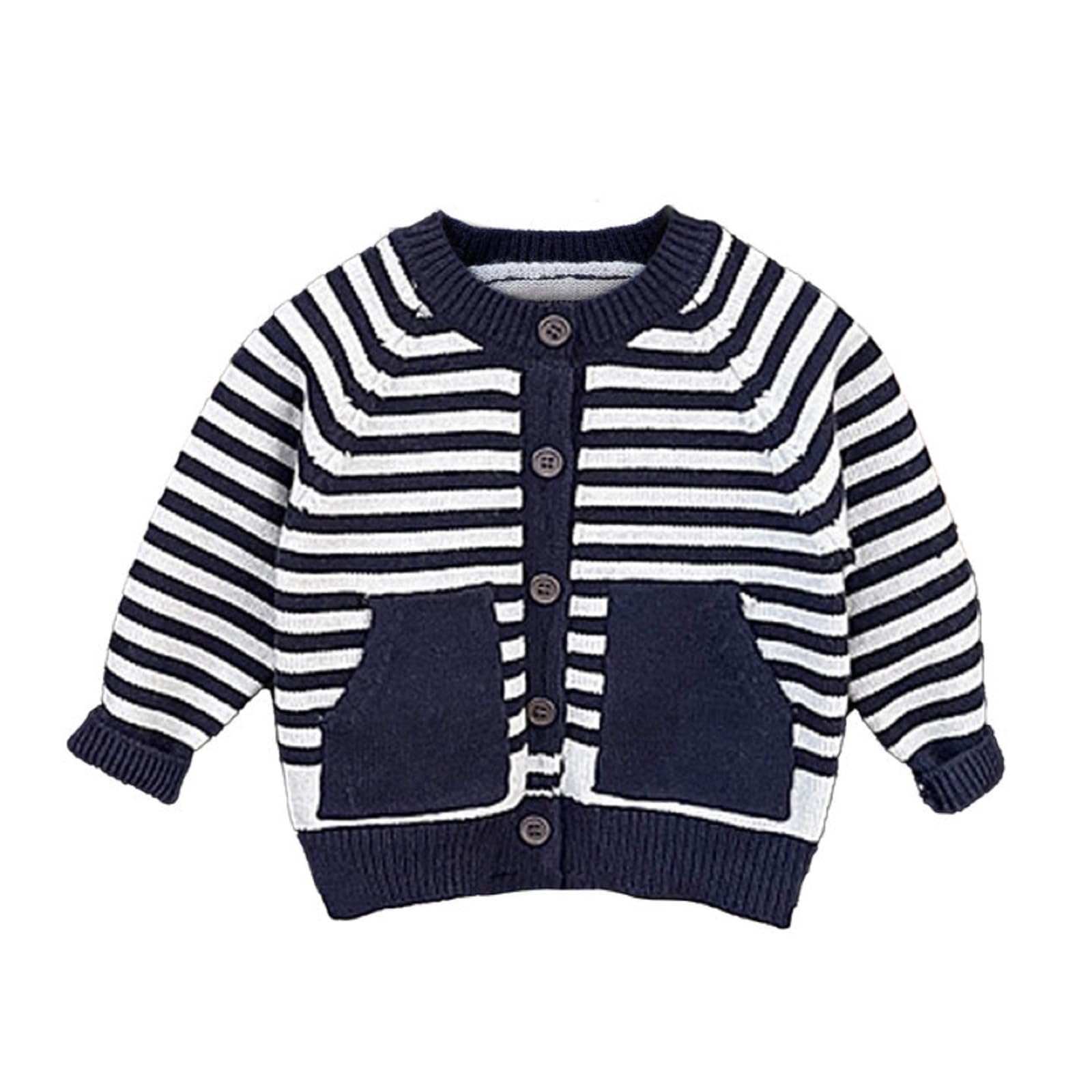 Baby Boy Girl Cardigan Knit Striped Round Neck Button Pockets Sweater