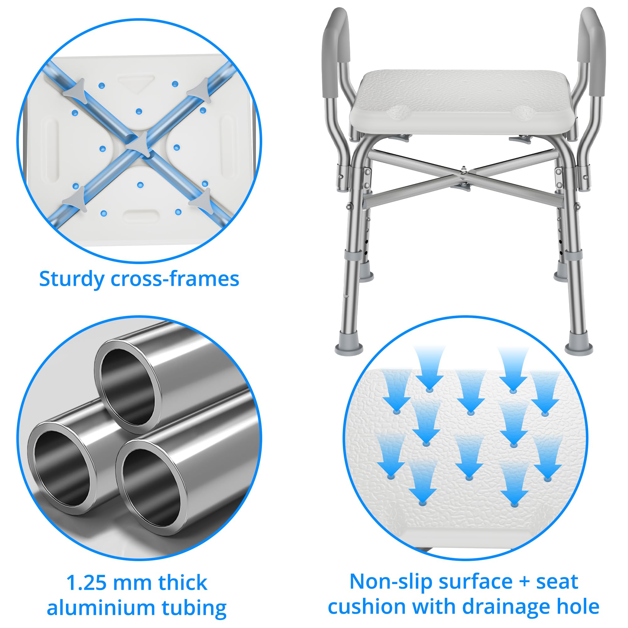 Silla de ducha y brazos acolchados, taburete de baño de altura ajustable con pies antideslizantes, silla de bañera para ancianos, asiento de baño con respaldo, tapa de peso de 350 libras