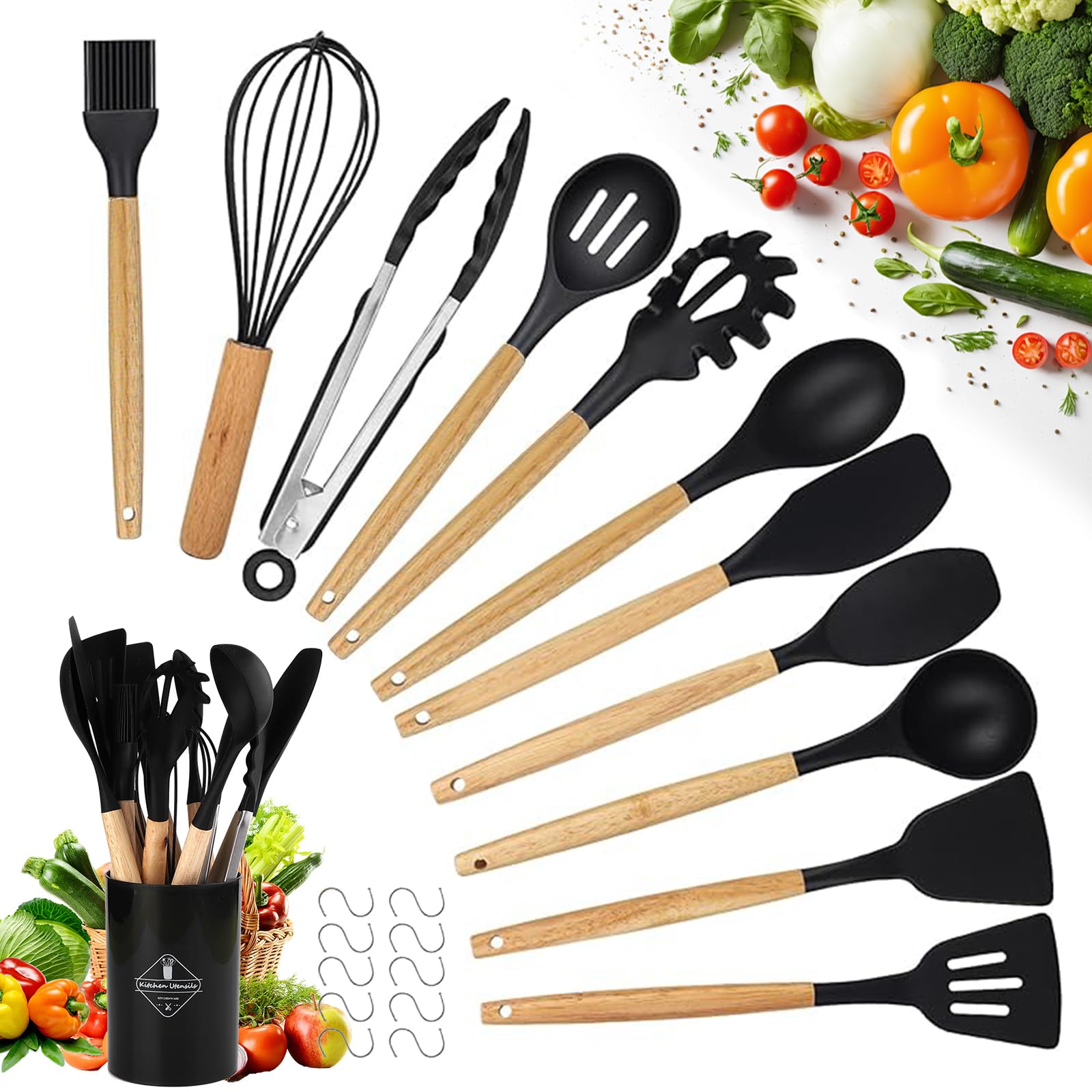 Set Di 26 Utensili Da Cucina In Silicone Con Manico In Legno – Resistenti Al Calore 210°C – Includono Spatole, Mestoli, Frusta, E Porta Utensili – Colore Nero - 3