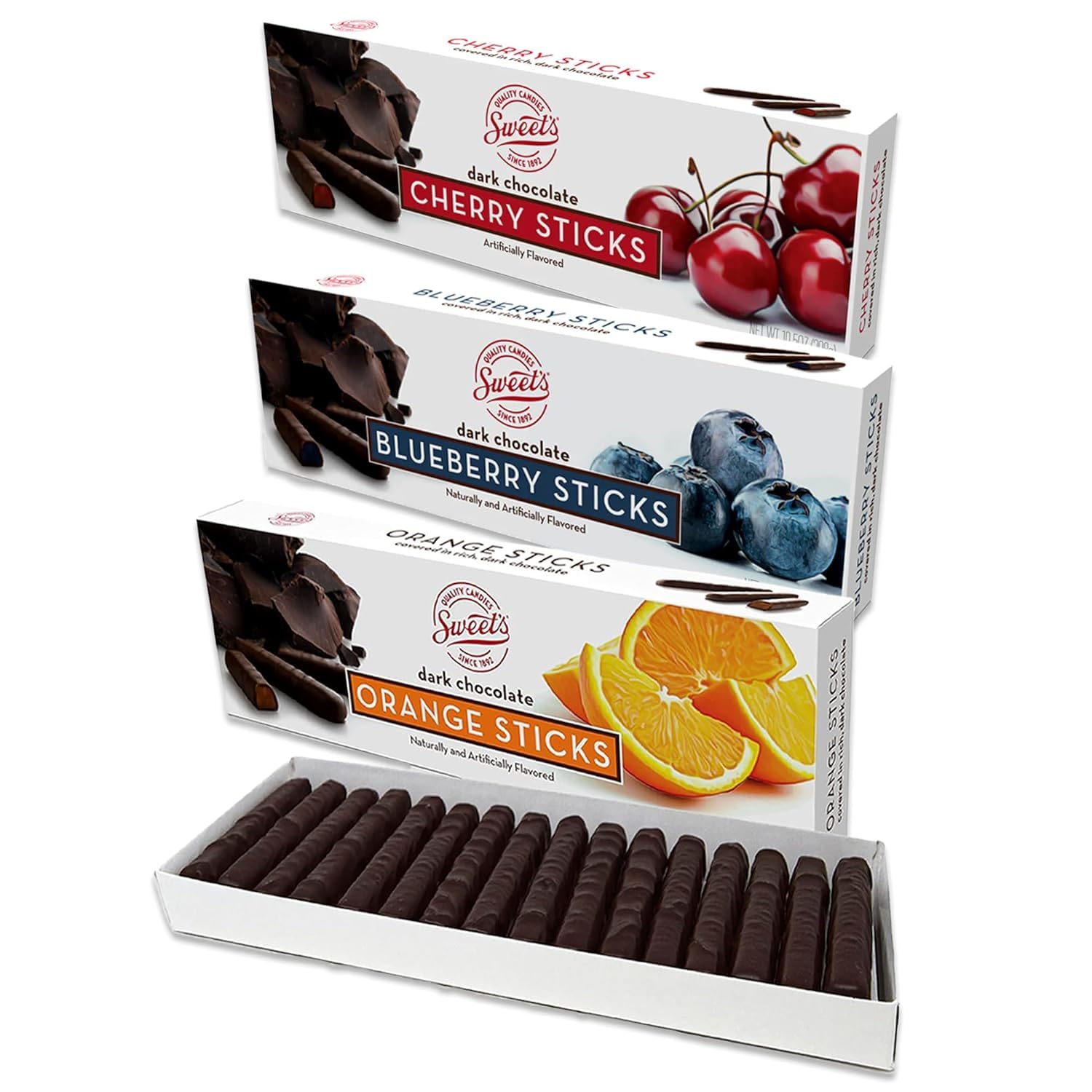 Sweet Candy Company Dark Chocolate Fruit Flavored Sticks - Gourmet Chocolate Covered Sticks, Orange, Blueberry, Cherry, Gift Idea for Holidays, Gluten Free, Kosher - 10.5 oz Box (Pack of 3)