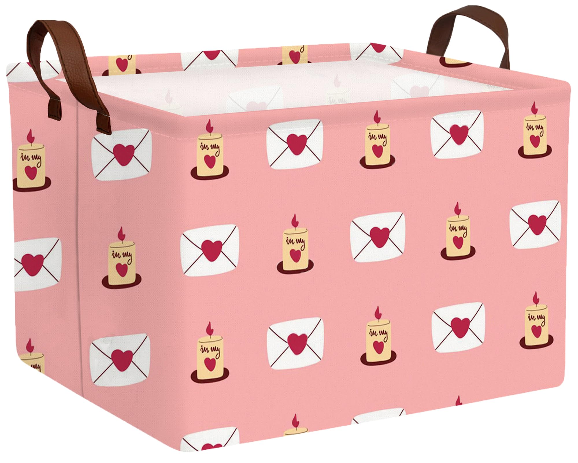 Large Valentine's Day Basket Heart Shaped Storage Bin for Gifts Collapsible Organizer Room Decor (Pink Candle Envelope Love)