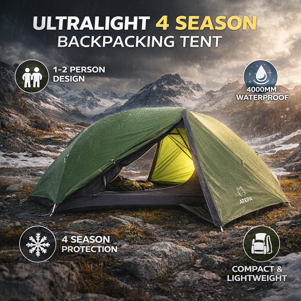 ATEPA 1 Person Ultraleicht Rucksackzelt Wasserdicht Einzelperson Camping Zelt Doppelschicht Solo Zelt für Camping Wandern Rucksackreisen