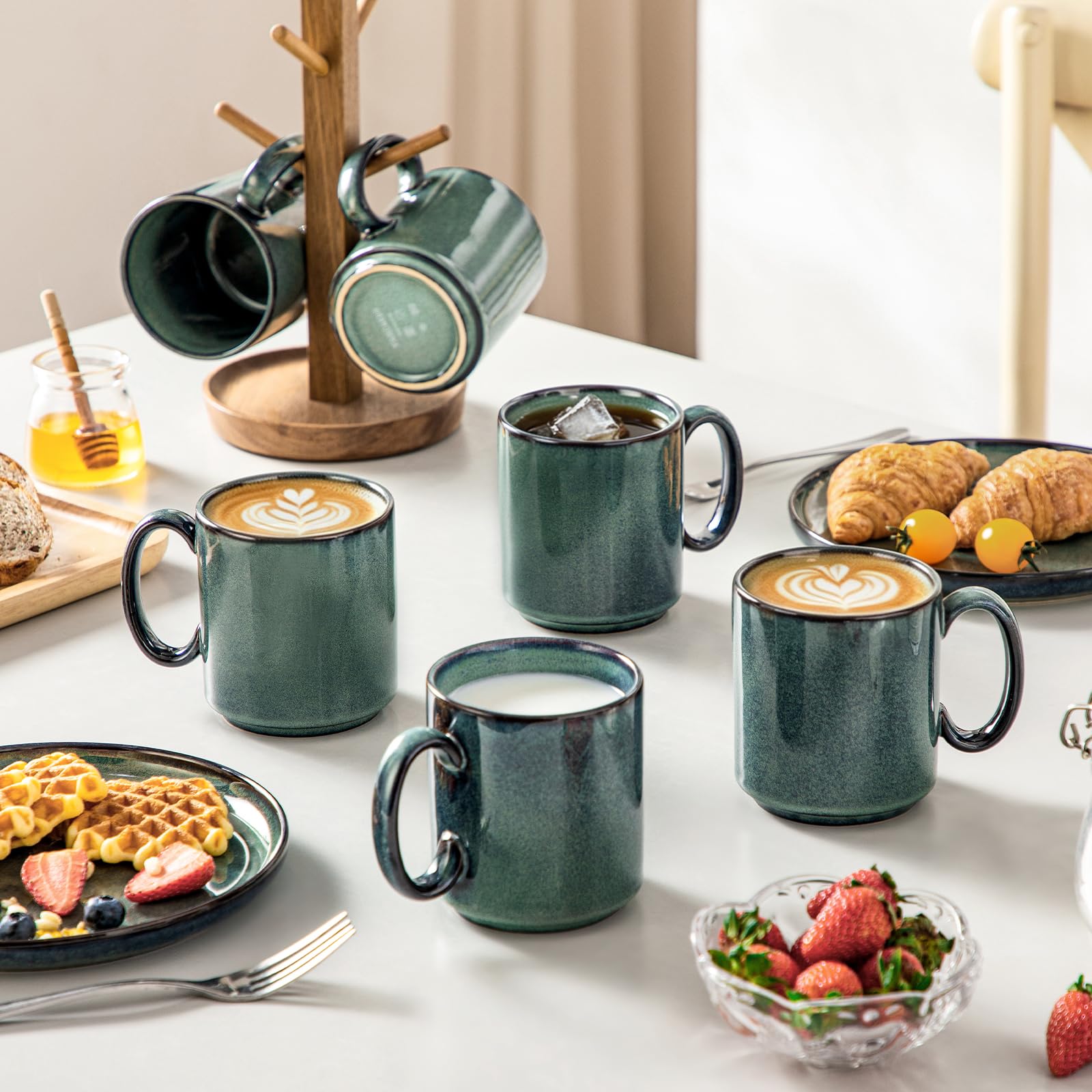 vancasso STARRY Steingut Tassen Set 6er, 480ml Kaffeebecher mit Standring für 6 Personen, Kaffeetassen Set mit Henkel, Teetasse Set Spülmaschinenfest Mikrowellenfes, Grün