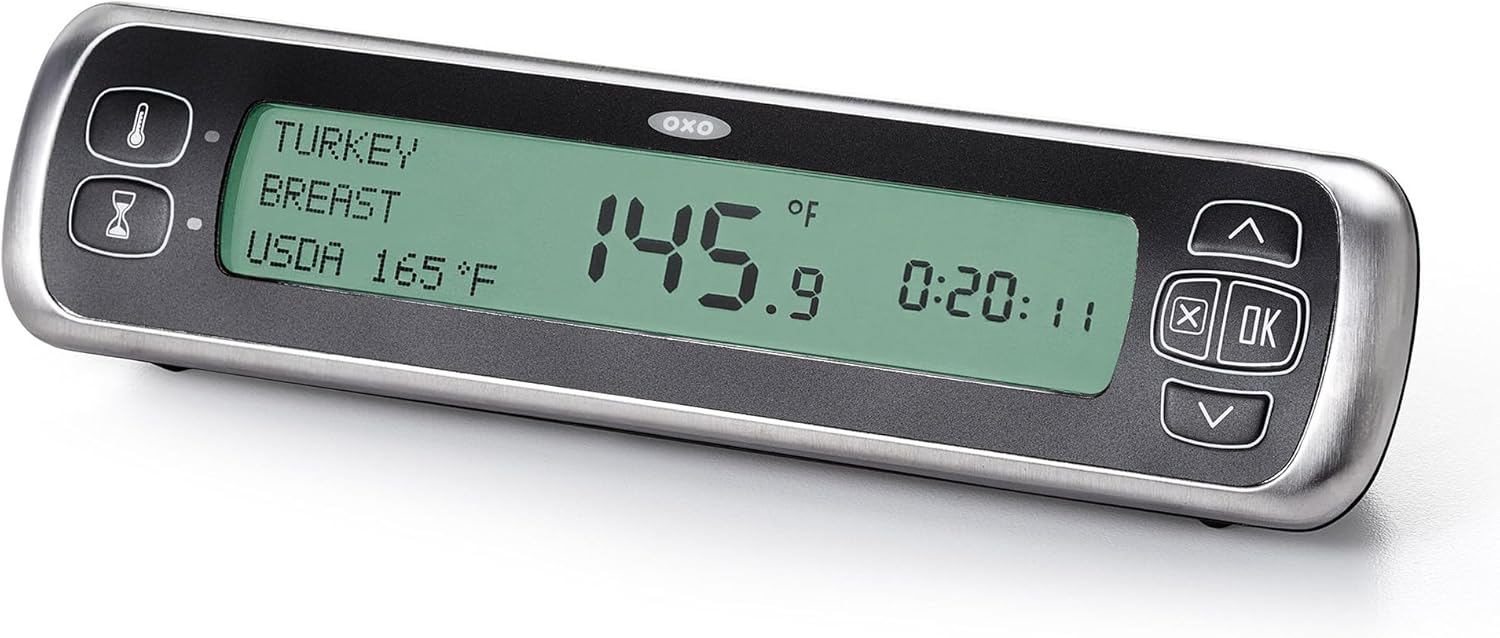 Front view of OXO thermometer display showing 'TURKEY BREAST USDA 165F' and current temperature