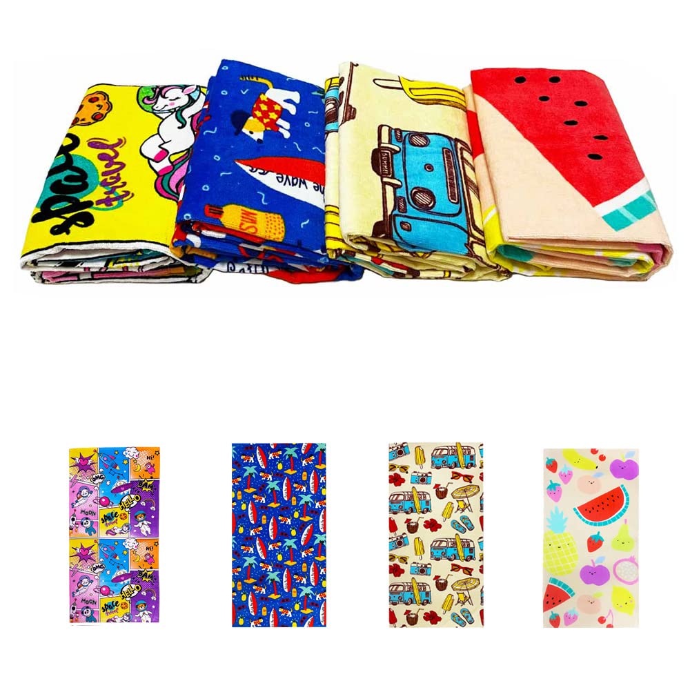YIFONTIN 4-Pack Kids Beach Towel 100% Cotton Cozy Ultra-Absorbent Soft Throw Blanket 25.5"x51.0" for Bath Vacation Sports Travel Camping Swim Pool