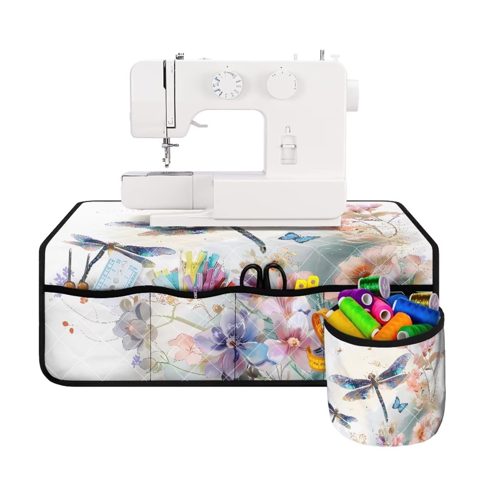 Dragonfly Dustproof Mat for Sewing Machine Carry Case with Pocket Sewing Accessories Fits Most Standard Sewing Machines Anti-Stains Decorative Pad Organizer