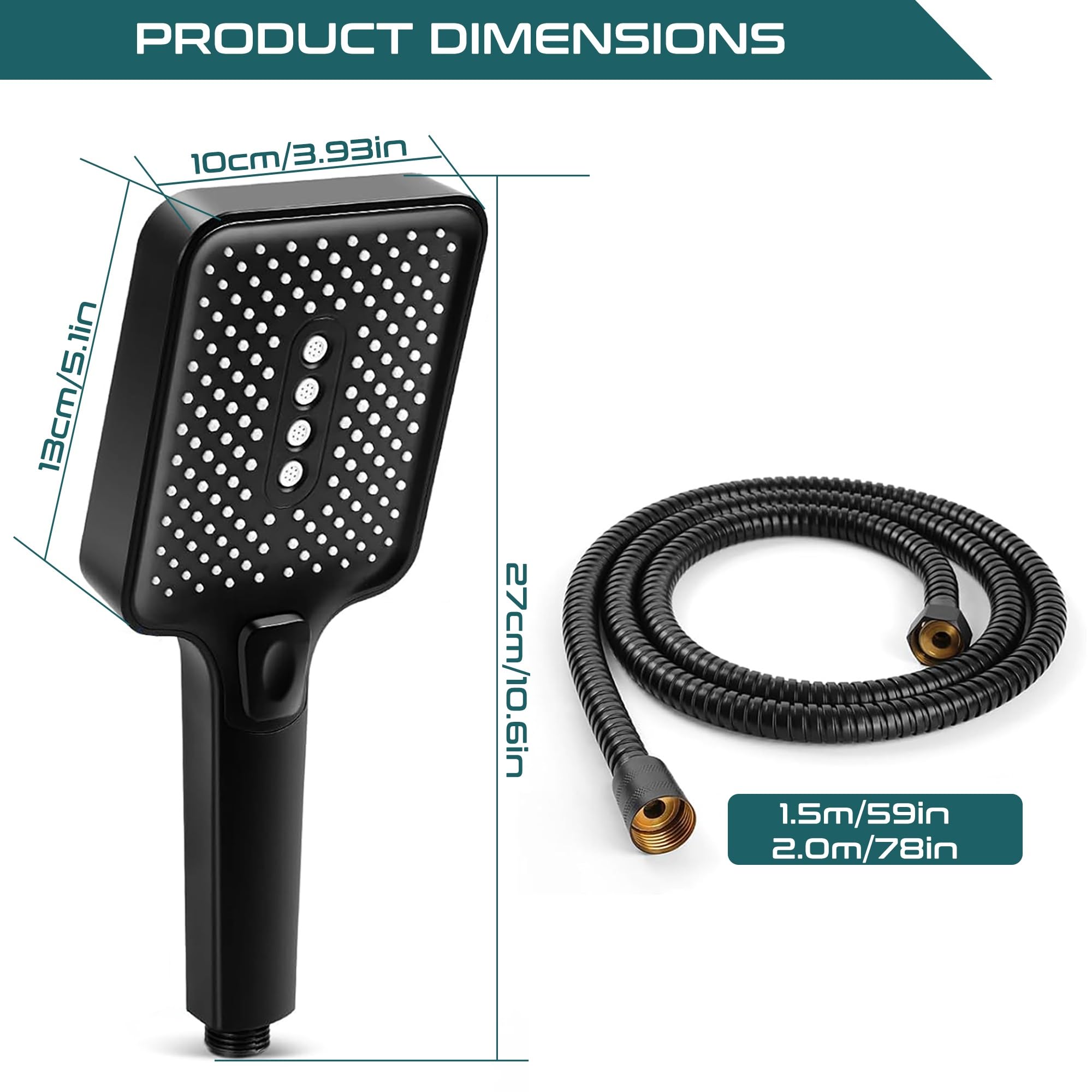 Doccia ad alta pressione con soffione doccia staccabile regolabile a 3 modalità portatile con tubo flessibile lungo 78 pollici e supporti regolabili(Nero,1.5m/59in)