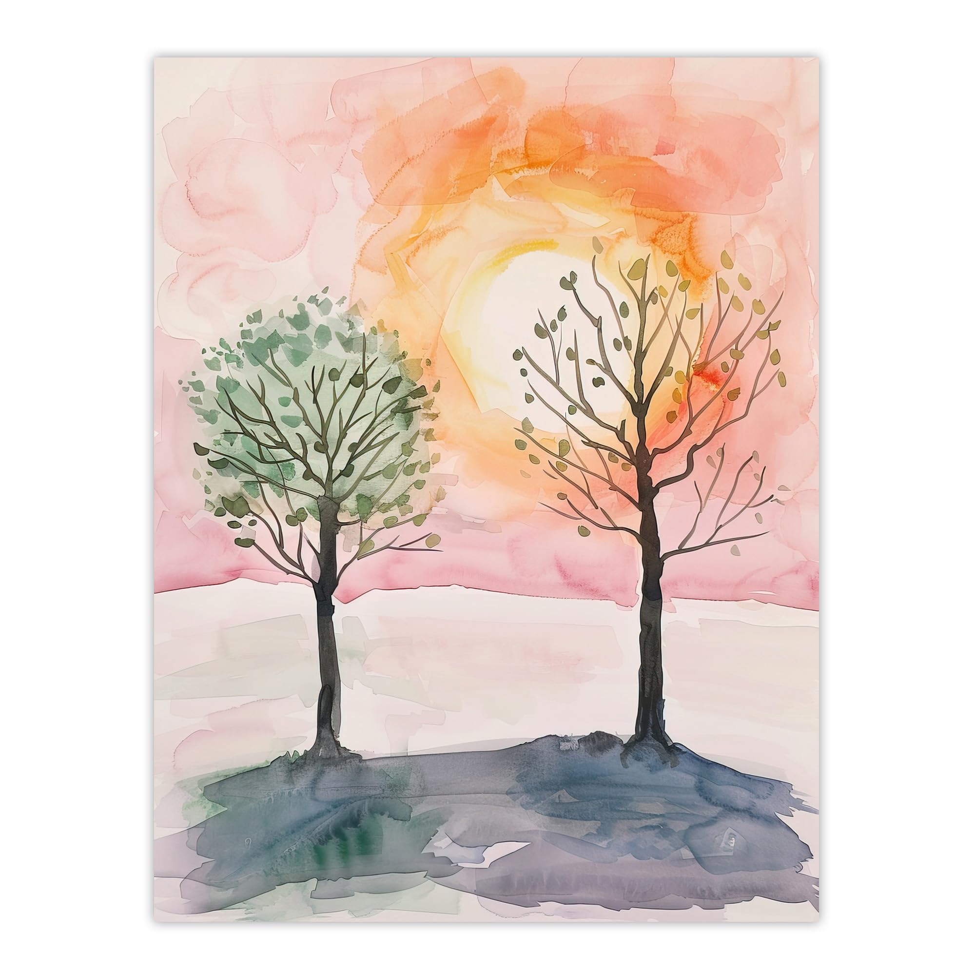 Artery8 Two Summer Trees Wall Art Print - Pink Orange Sunset Landscape - W24 inch x H32 inch