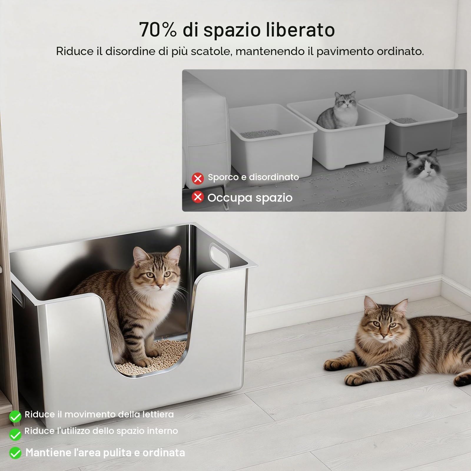 PTLOM Lettiera per gatti in acciaio inox, XL, con lati alti 35 cm, antiruggine, a prova di perdite, ingresso basso per gatti anziani, ruote per un facile spostamento, ideale per famiglie con più gatti