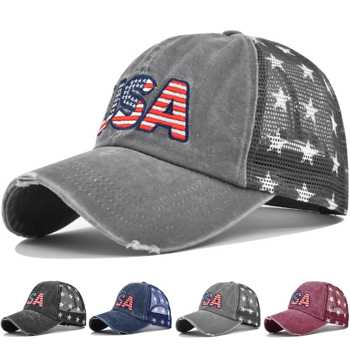 GONOSEED 【4 Colors/Grey】 Baseball Caps Fourth of July Hat Fourth of July Accessories 4th of July Outfits for Women USA Hats Trucker Hat 4th of July Accessories for Women