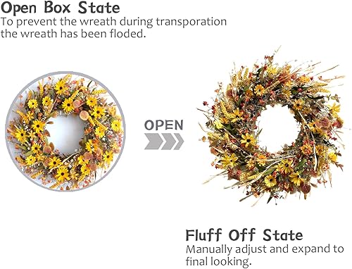 Miniatura 5 de Corona de hojas de eucalipto de margarita amarilla de otoño de 24 pulgadas para puerta delantera, corona de flores amarillas otoñales con púas de