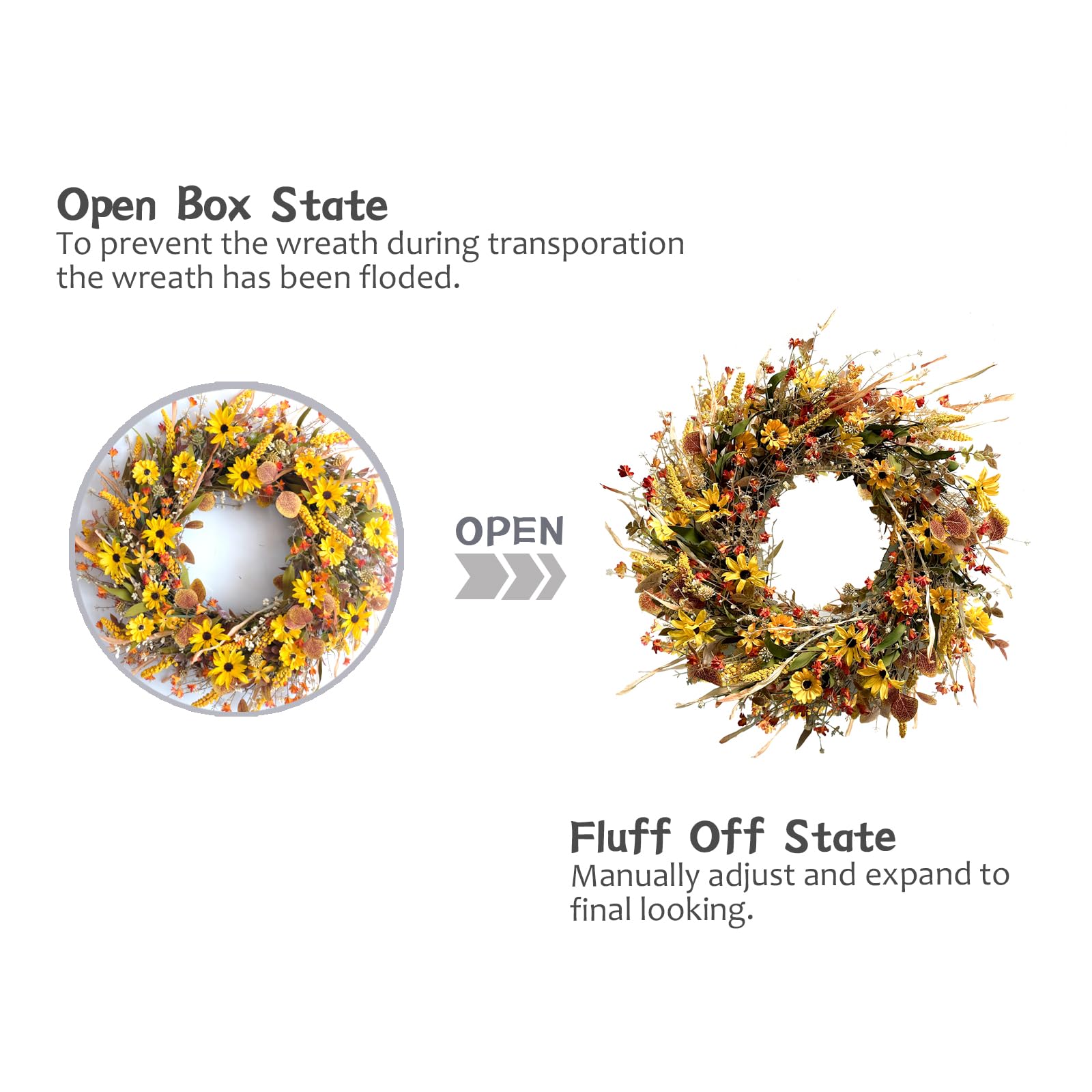 Couronne de feuilles d'eucalyptus en forme de marguerite jaune d'automne de 61 cm pour porte d'entrée, couronne de fleurs jaunes d'automne avec pics à grains et fleurs sauvages pour intérieur