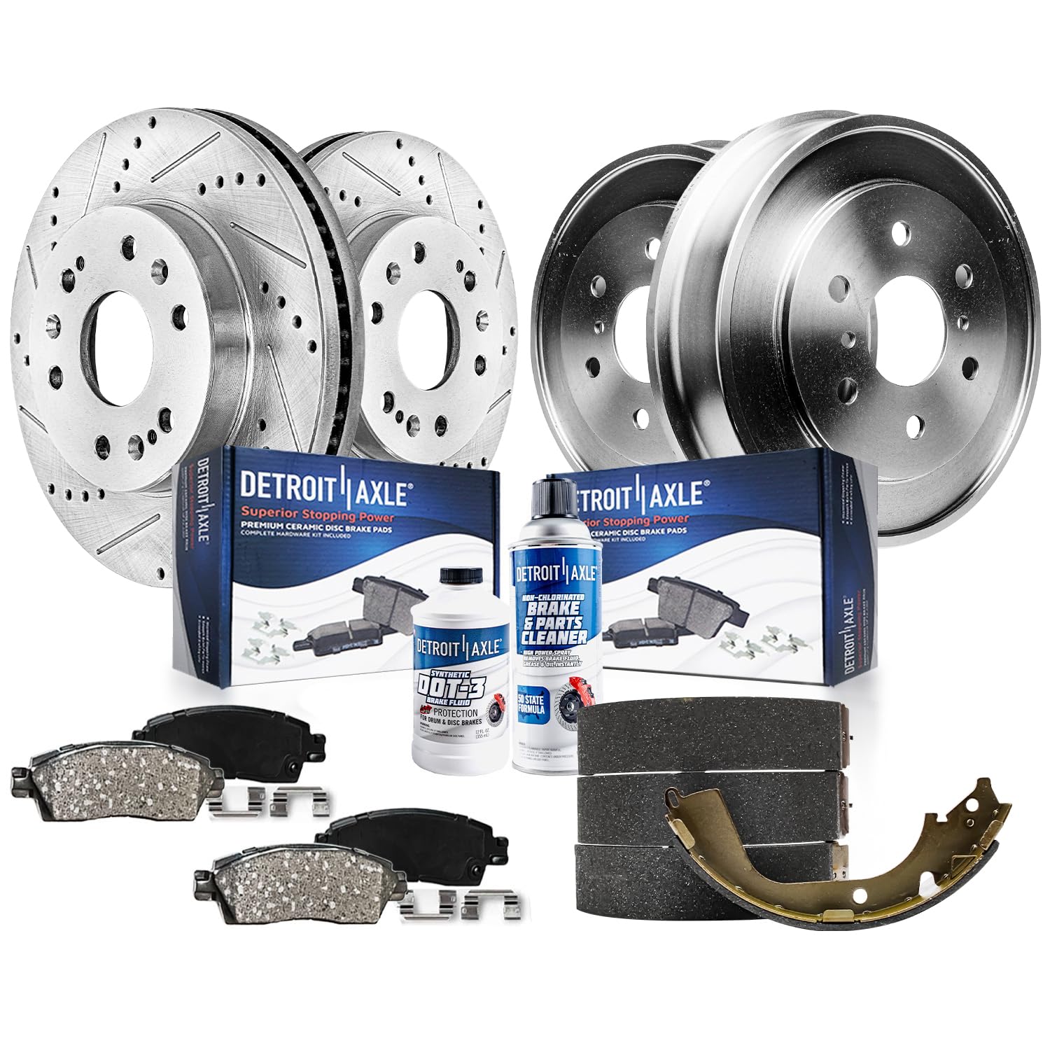 Detroit Axle - Brake Kit for 2005-2007 Chevy Silverado GMC Sierra 1500 | Front Drilled &amp; Slotted Rotors Ceramic Brake Pads and Rear Drums Semi-metallic Shoes Replacement 2006