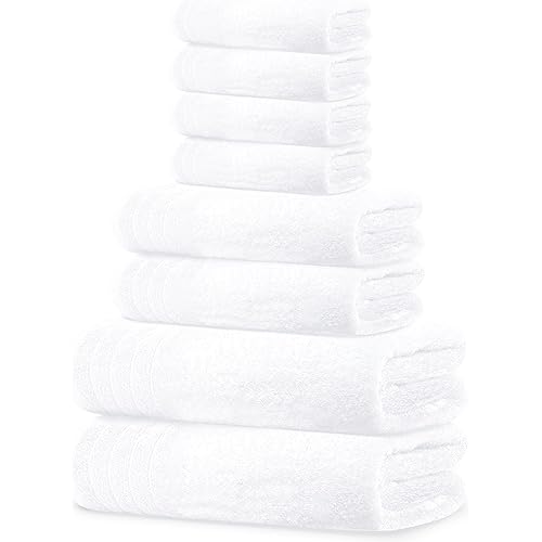 Tens Towels 8 Piece Towels Set, 2 Extra Large Bath Towels, 2 Hand Towels, 4 Washcloths, 100% Cotton, Lighter Weight, Quicker to Dry, Super Absorbent, Perfect Bathroom Towels Set (White)