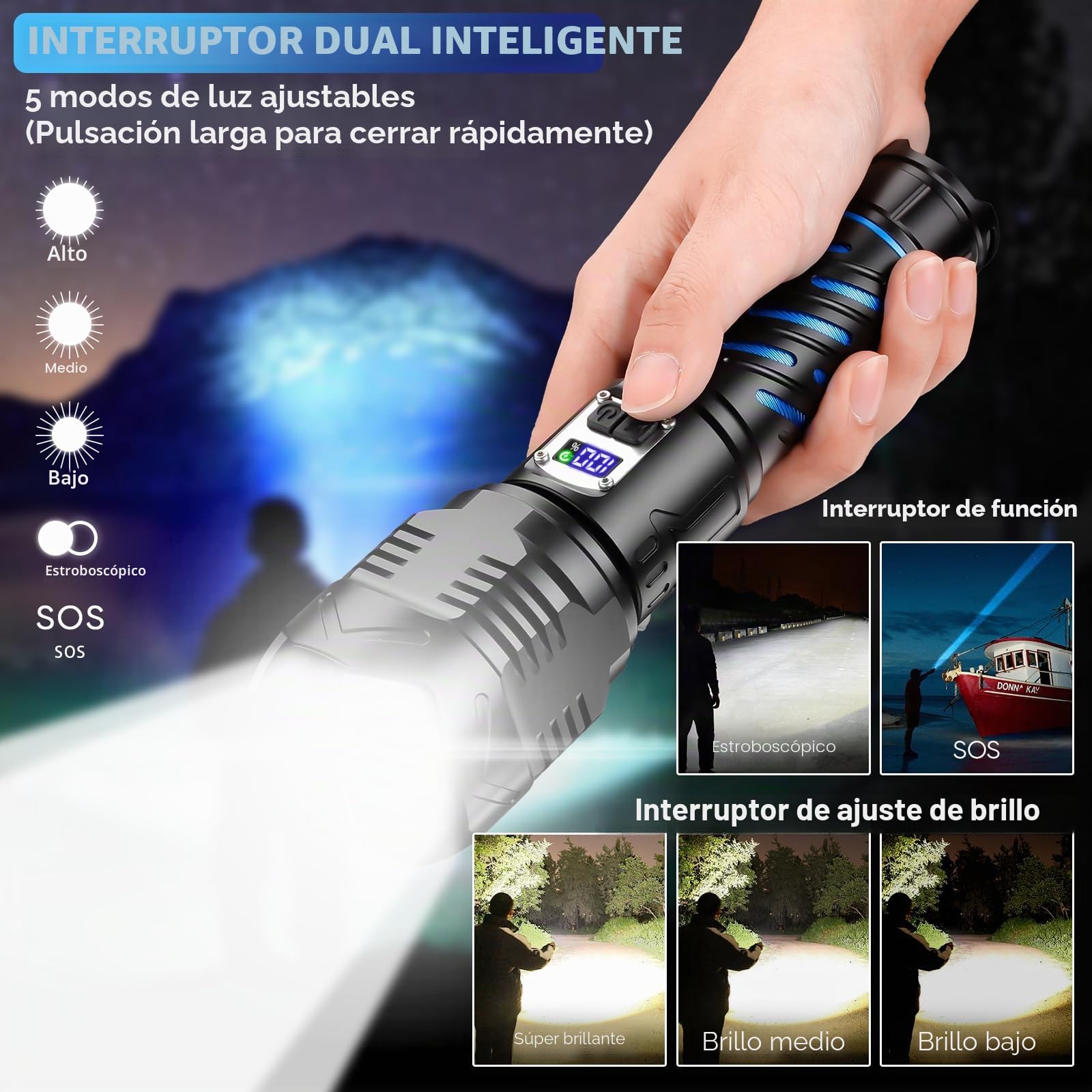 Linterna LED recargable, linterna LED extremadamente brillante | 150000 lúmenes, IP65, resistente al agua, funciona con pilas, linterna USB para exteriores, emergencias, camping