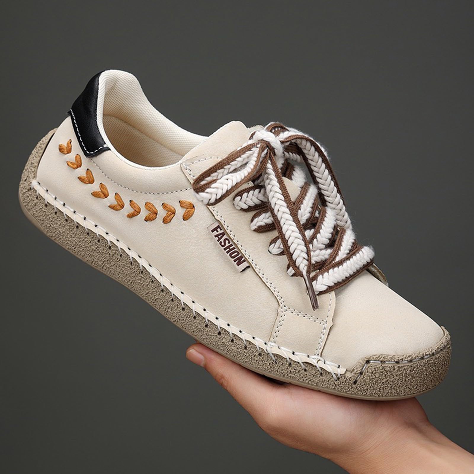 Low-Top-Sneaker für Damen und Herren, flache Stickerei, Schnürschuh, beige | Handgenähte, runde Zehenpartie, breite Passform, rutschfest, Unisex, Freizeit-Sneaker, Wanderschuhe, Urlaub, Büro