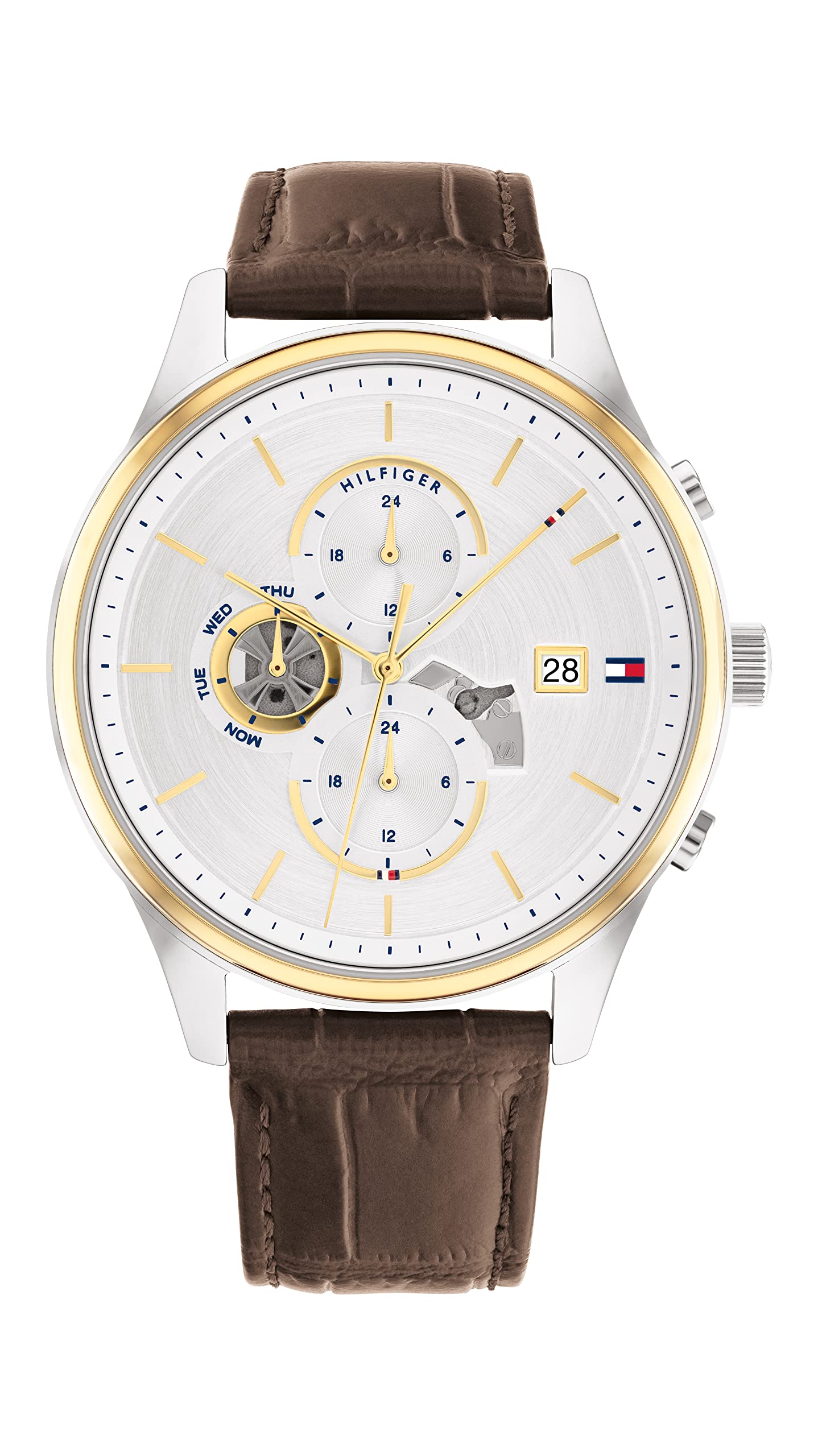 Tommy Hilfiger Men's Weston Brown Leather Multi-Function Watch, 1710501, Silver White, 44 mm