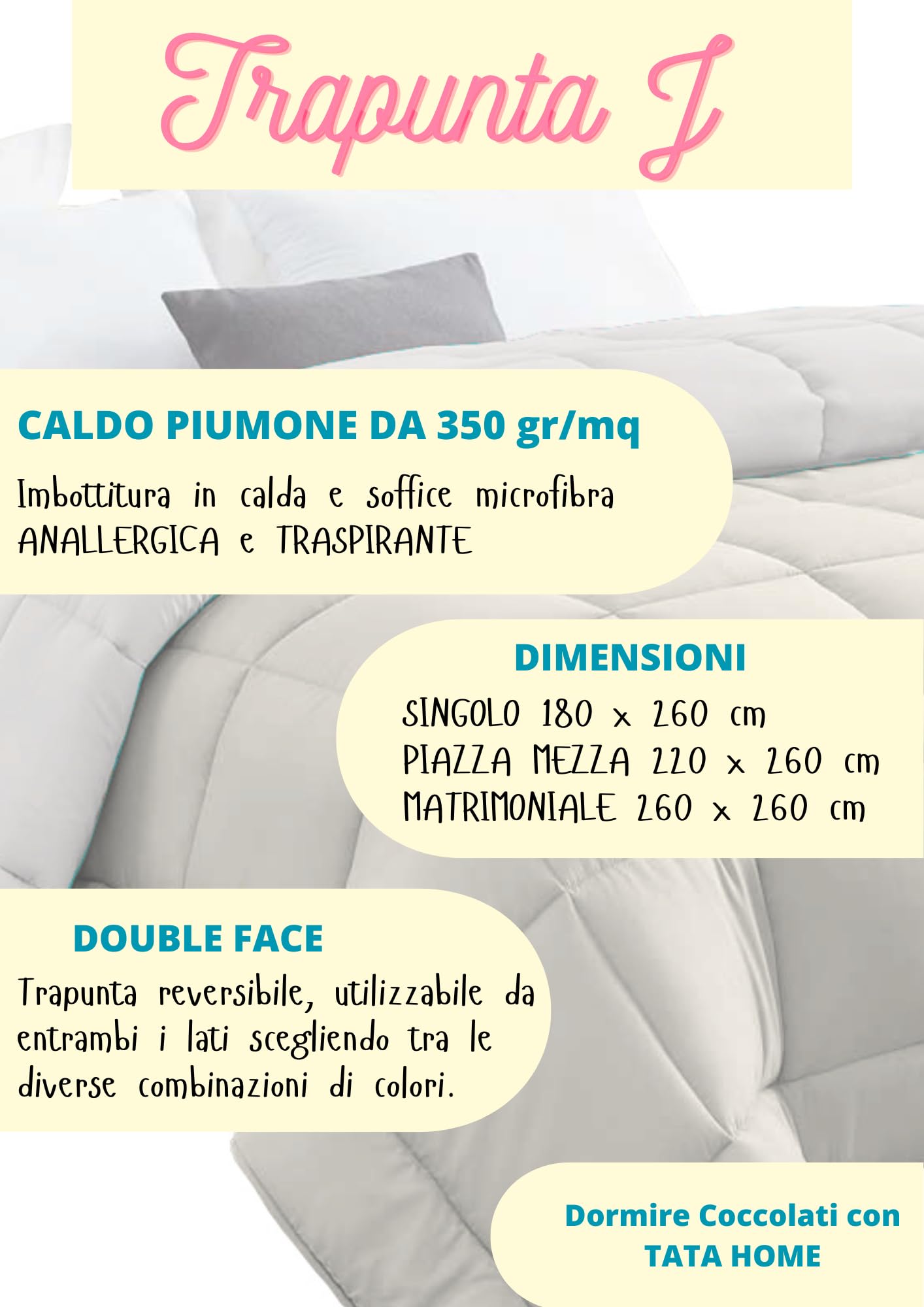 Tata Home Trapunta Invernale Tinta Unita Double Face Piazza Mezza Imbottita 350 gr/mq Piumone Caldo Letto Piazza e Mezza 220x260 cm Bicolore Rosa Fucsia Mod. J