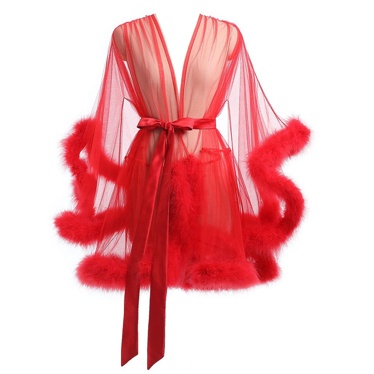 ZLZNX Lingerie for Women Lace Kimono Robe Sheer Gown Feather Bridal Robe Nightgown Bathrobe Robe with Fur,002,XL