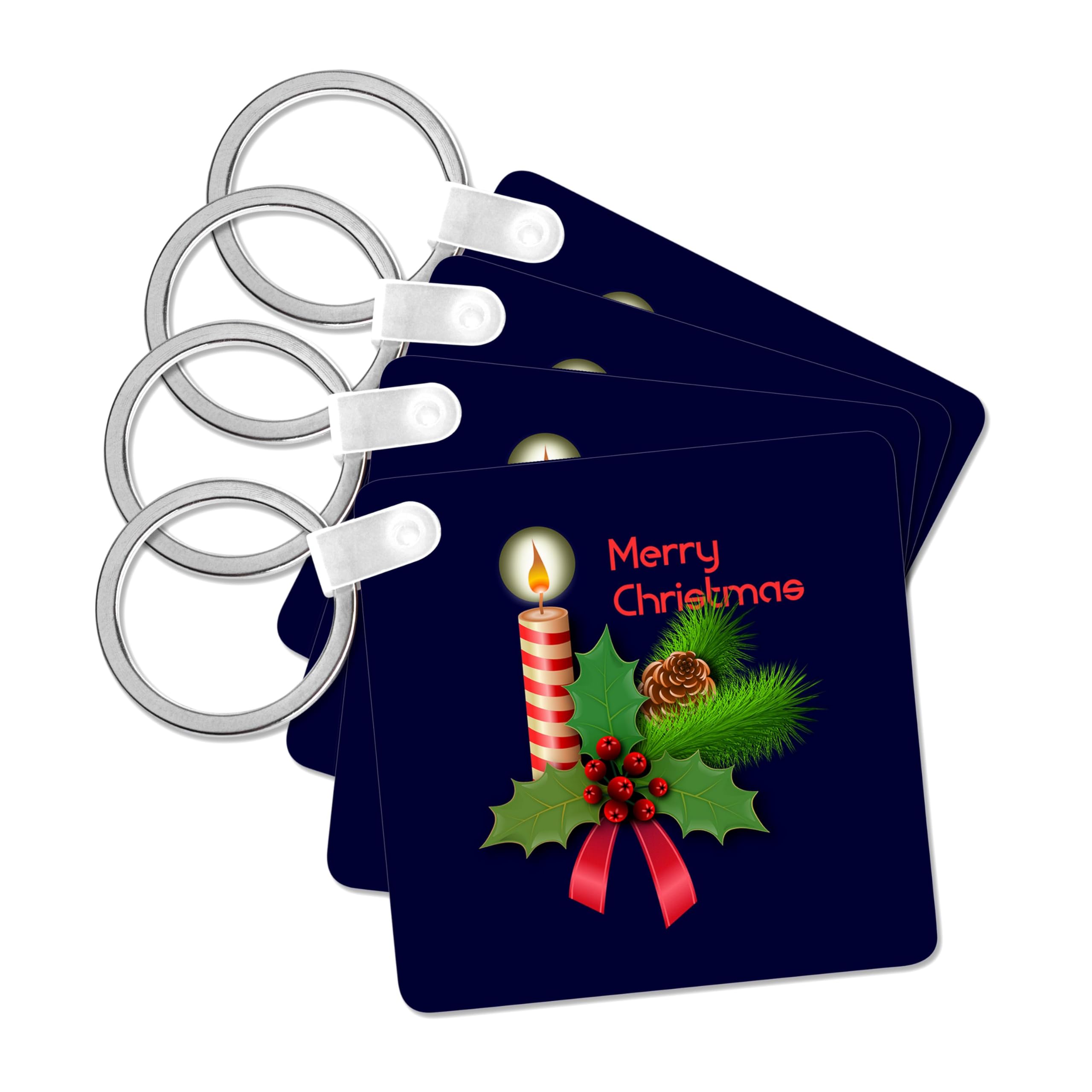 3dRose, Merry Christmas. Burning candle, holly leaves, berries, pine cone, set of 6 Key Chains