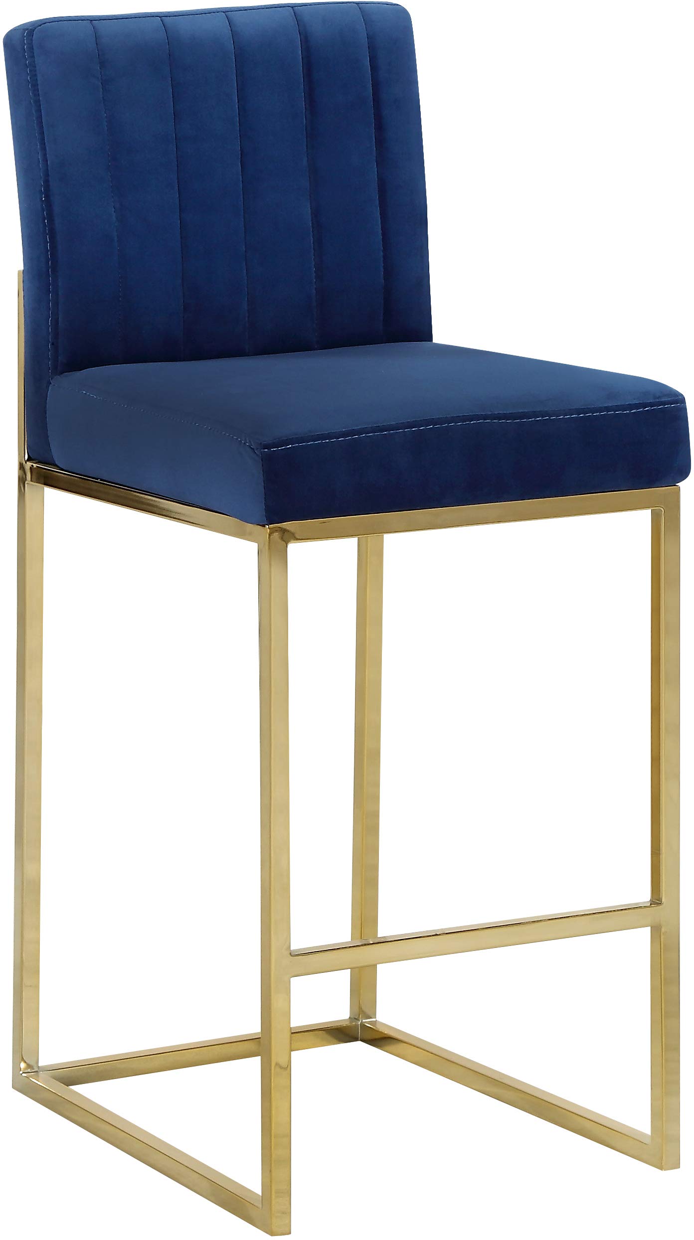 Meridian Furniture Giselle Collection Modern | Contemporary Velvet Upholstered, Channel Tufted Counter Stool with Polished Gold Metal Base, 16" W x 19" D x 37.5" H, Navy