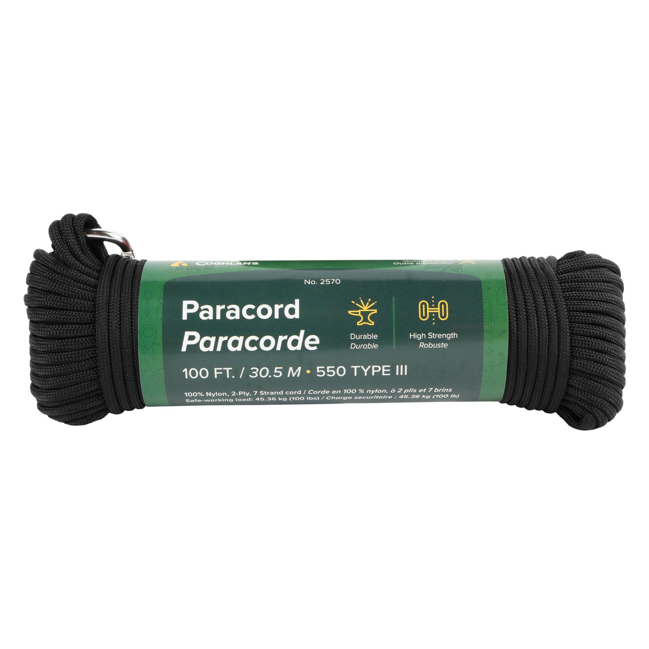 Coghlan’s Paracord 100 ft – Type III 550 Nylon Cord, 7-Strand Core – Black