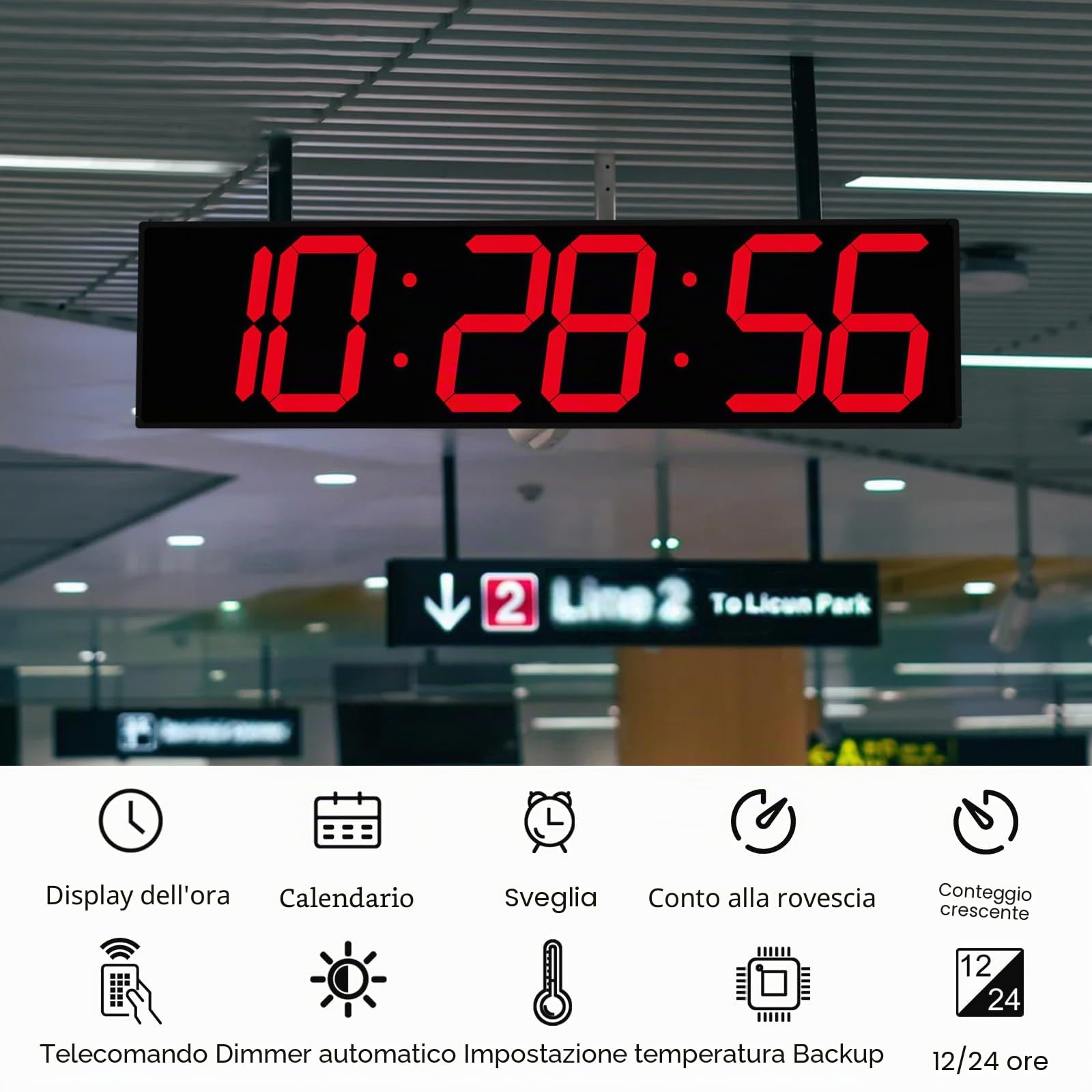 CHKOSDA Orologio da parete digitale bifacciale da 70,1 cm, grande orologio a LED multifunzionale con timer, visualizzazione della temperatura e della data, orologio digitale da appendere per corridoi