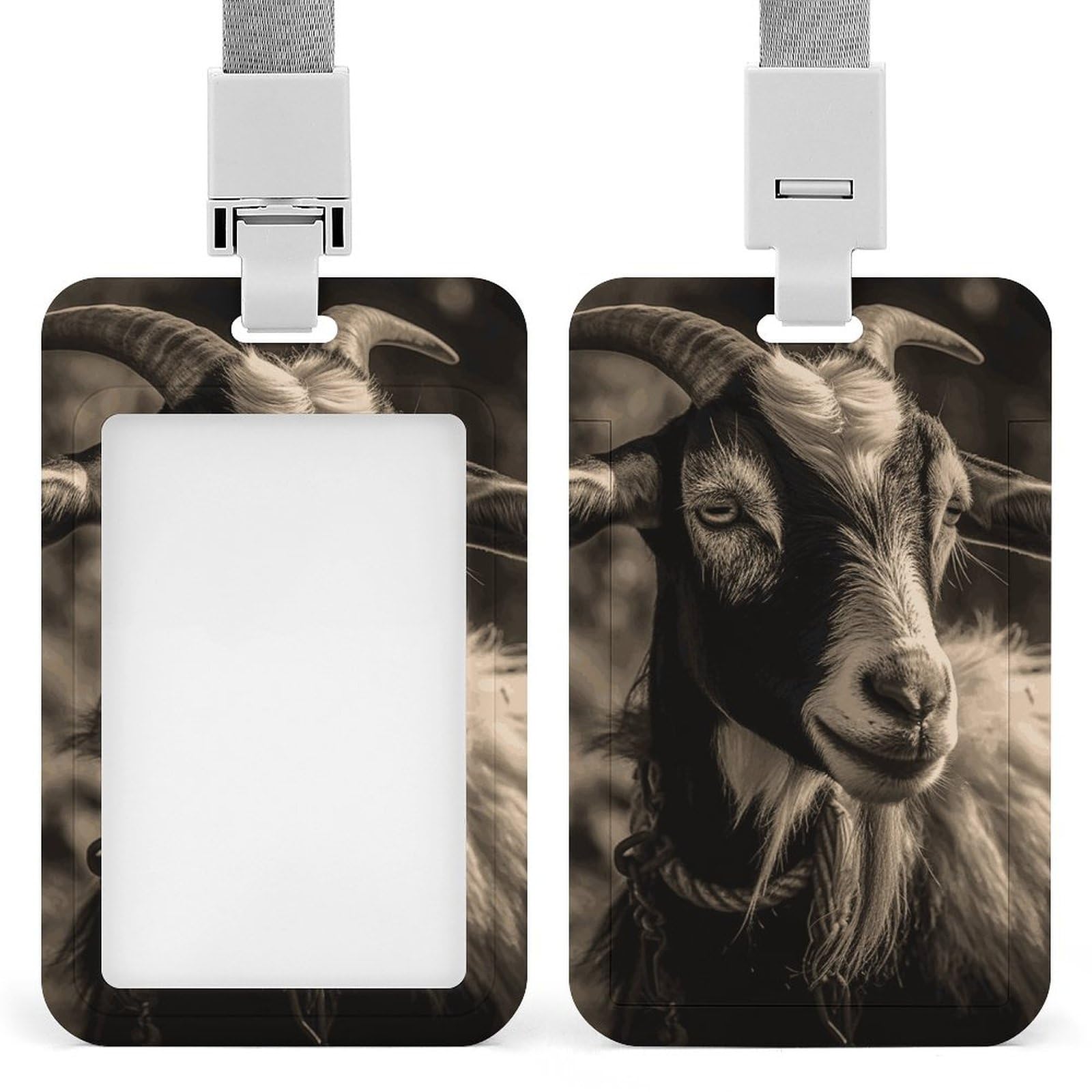 ID Card Holders for Lanyard,Black and White Goat Printed Badge Holder with Clear Window,Plastic Vertical Bus Pass Holders for Work Teacher Nurse Employees Proximity Key Cards Women Men — image 1