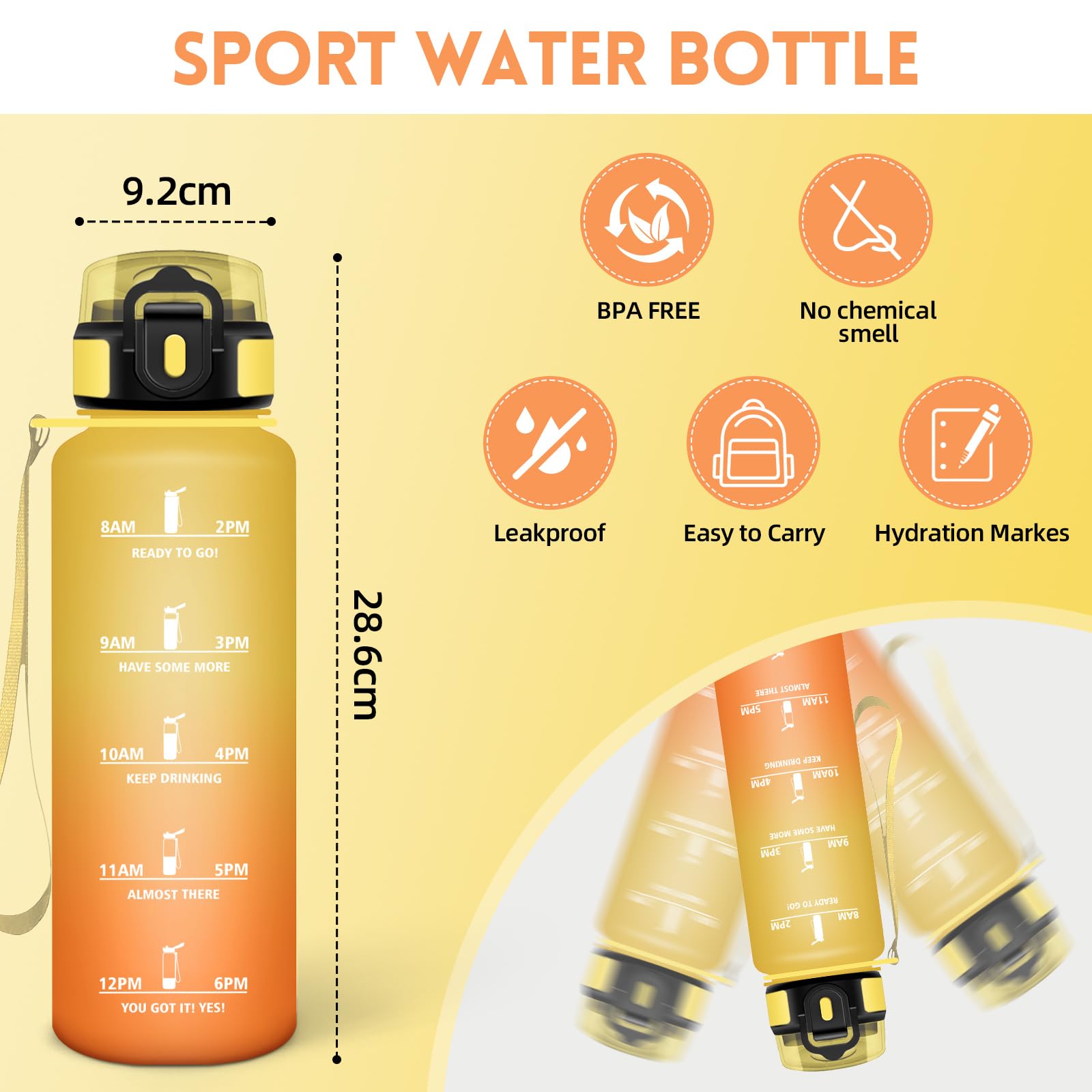 HoneyHolly Botella Agua, 1,5L, Motivacional y A Prueba de Fugas, Cantimplora, Reutilizable, Botella AGimnasio, Marcador de Tiempo, Cantimplora para Gimnasio, Trabajo, Camping, Senderismo