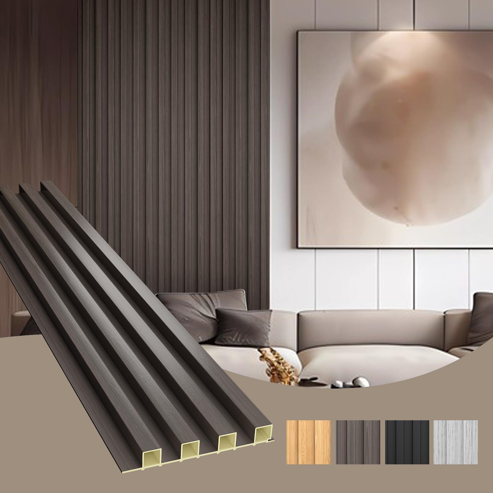 OUZUGIE WPC Acoustic Slat Wall Paneling, 8-Pack 96 x 6 Inches 3D Wall Panels for Interior Wall Decor,Living Room,TV Background,Study Room,Office Spaces,Bedroom,High Grille (Walnut)