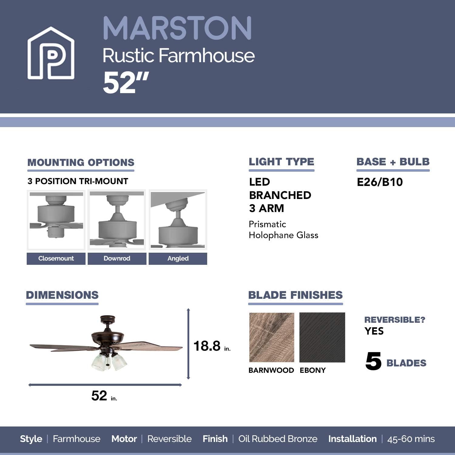 Crаzу Clеаrаnсе Prominence Home 51017 Marston Rustic Farmhouse Ceiling Fan, 52, Oil Rubbed Bronze