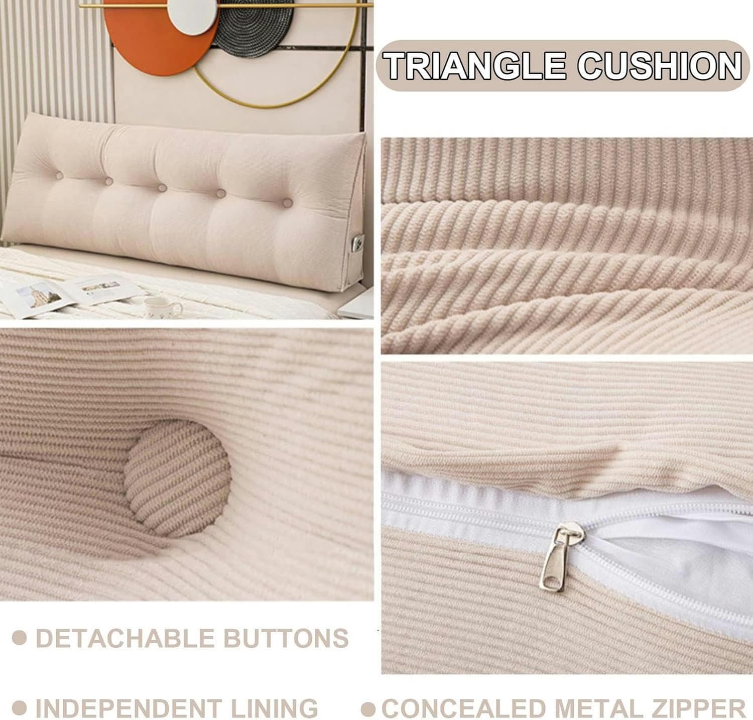 FLTRGO Large Triangular Headboard Cushion Wedge Reading Bed Rest Pillow Triangle Headboard Backrest Fleece Positioning Support Bolster for Dorm Room Daybed, Beige