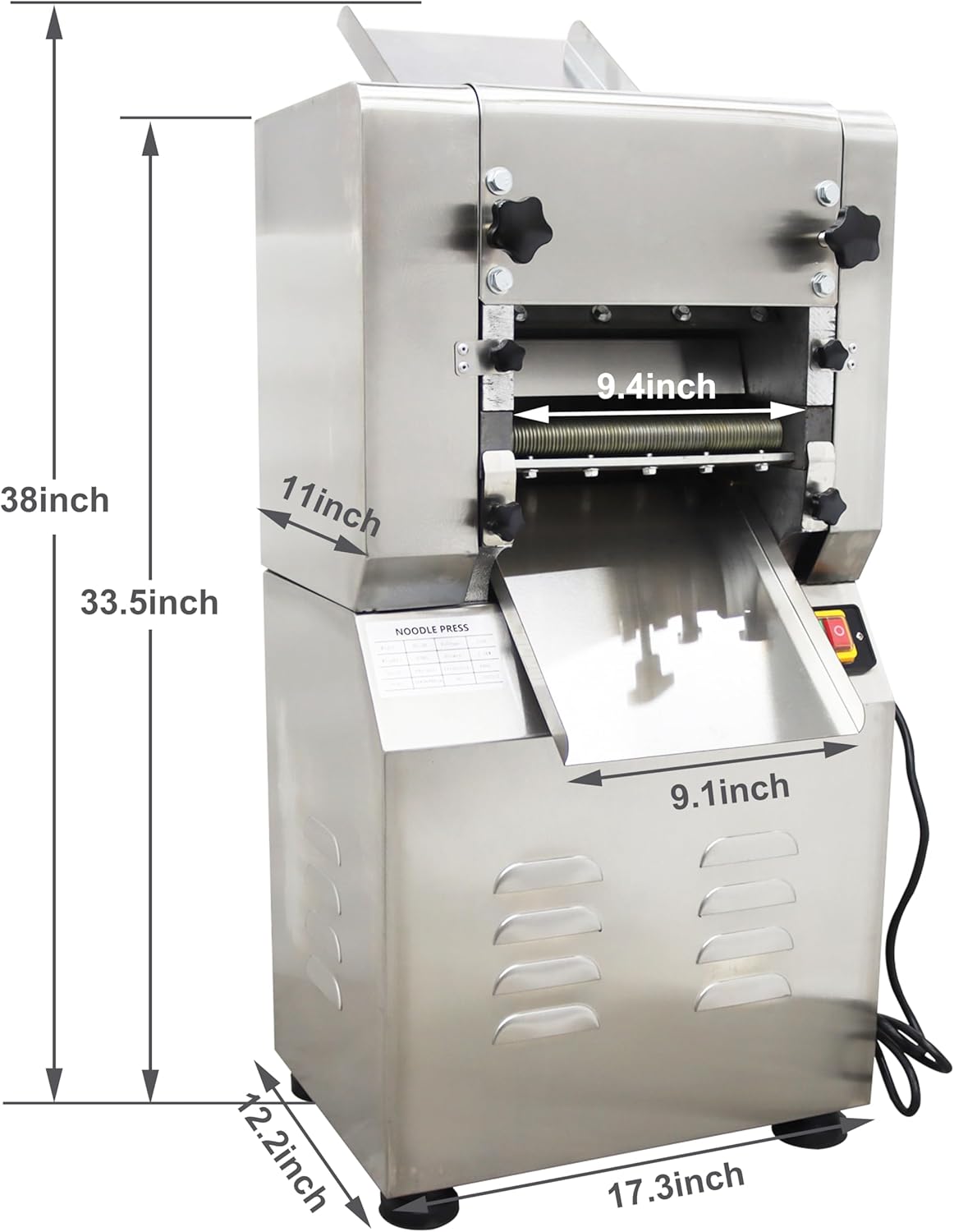TECHTONGDA Electric Noodle Making Dough Roller Pasta Dumpling Skin Maker Noodle Cutting Machine 2.2KW 9.4inch Roller With 1.5mm and 3mm round cutter head