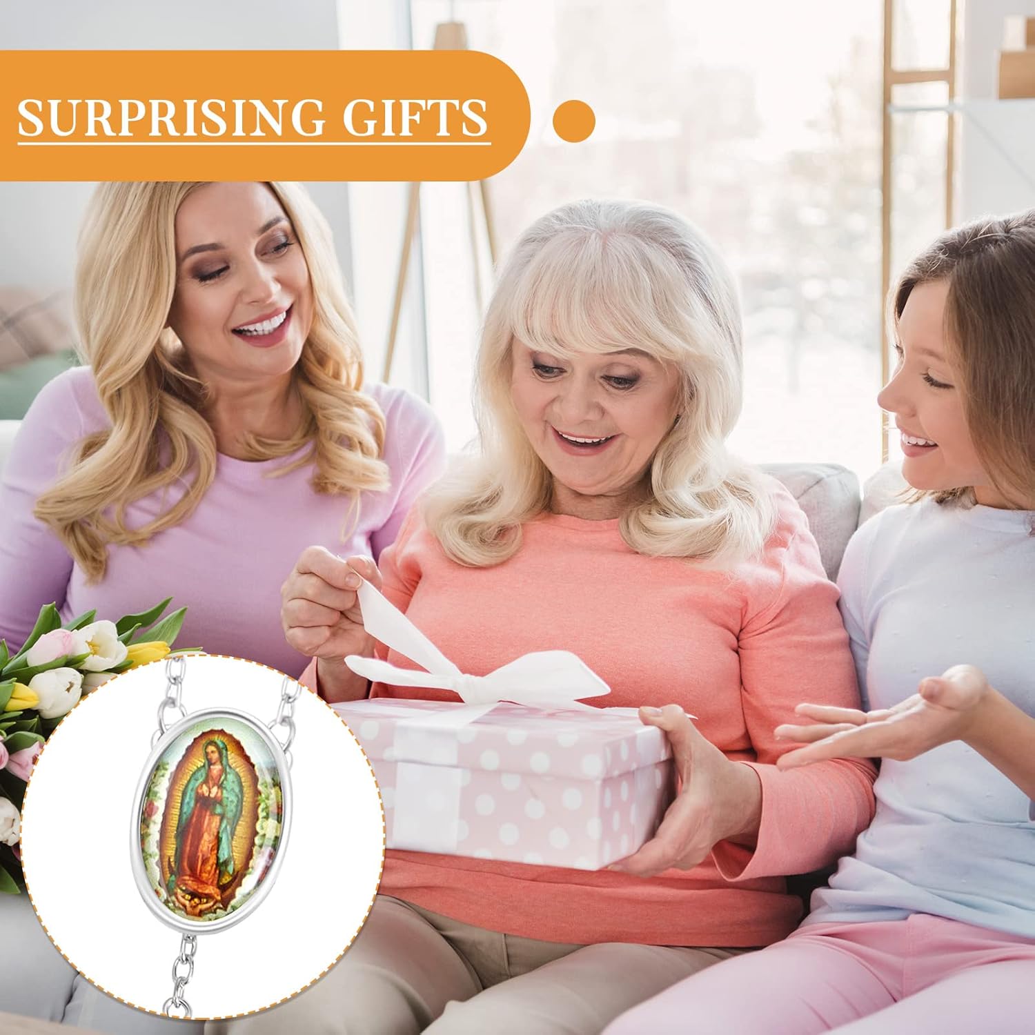 36 Pcs Wooden Bead Rosary Necklace with Crucifix and Our Lady of Guadalupe Scented First Communion Rosary with 36 Organza Bags Baptism Favors Catholic Gift for Men Women - Image 5