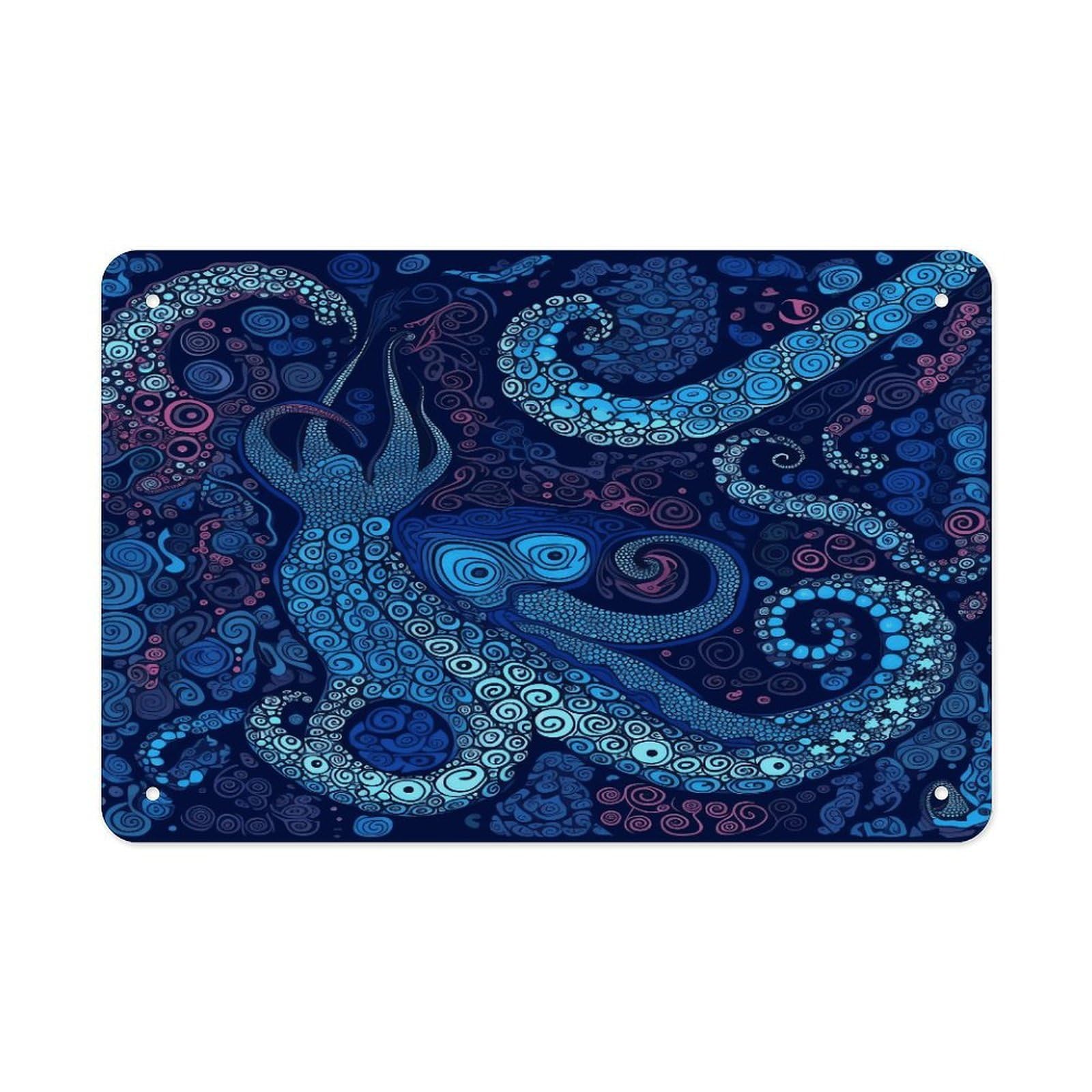 Blue Octopus Metal Tin Sign 12"x8" Wall Art Prints Poster Decorative Picture Metal Signboard Decor Painting Folded Edge Iron Sheet Painting with Holes for Wall Decor