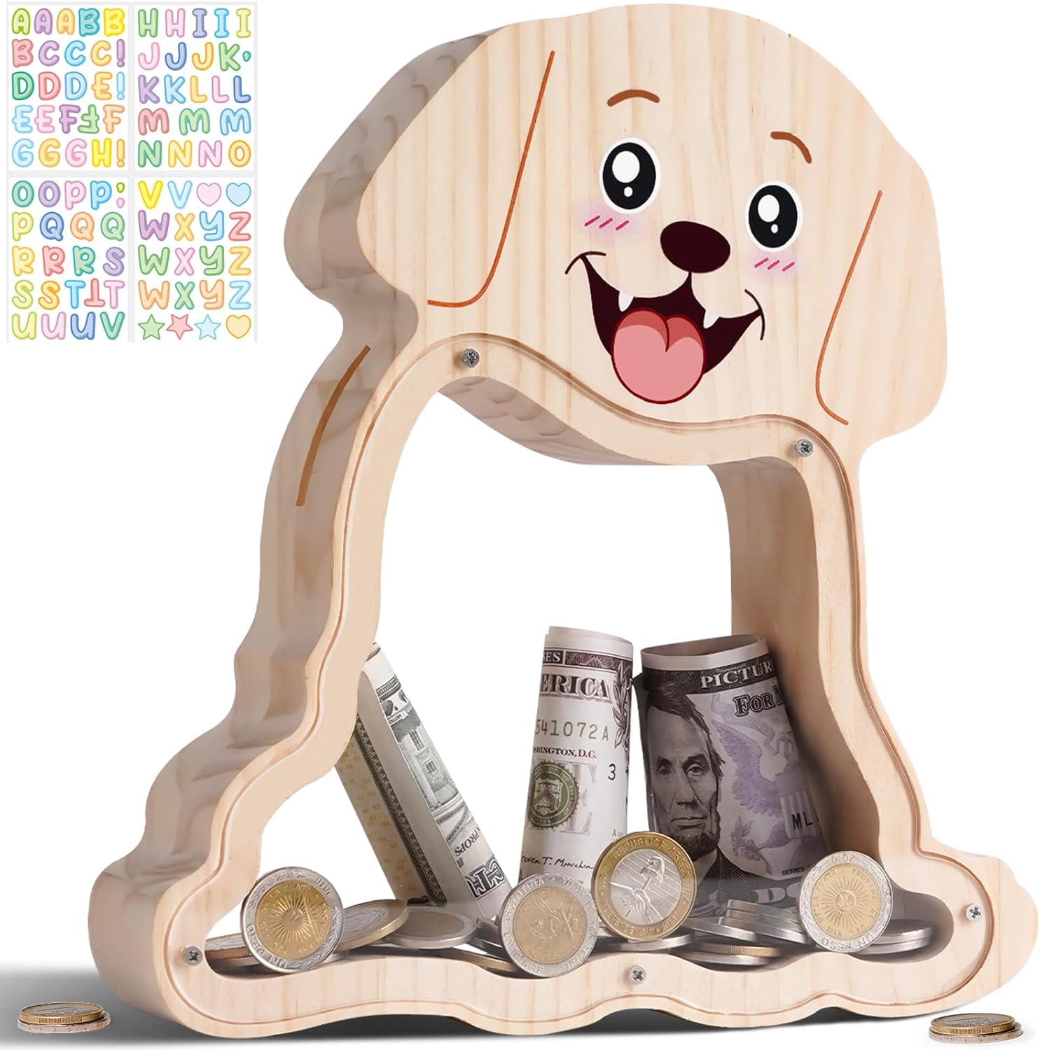 Wooden Dog Piggy Bank for Kids, Labrador Large Money Bank for Boys, Girls, Wooden Dog Coin Bank with Stickers, Doggy Money Jar Birthdays Gifts for Boys, Educational Toys for Kids, Room Decor