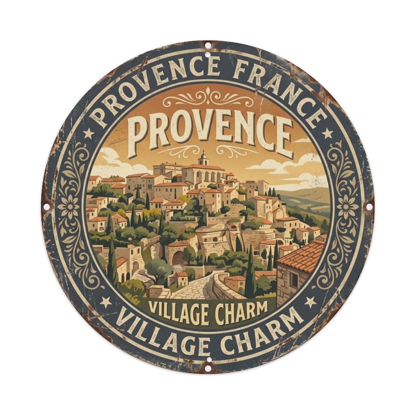 Vintage Travel Village Provence France Metal Tin Sign Plaque Wall Decor for Cafe, Club, Garden Round Metal Poster 8x8Inch