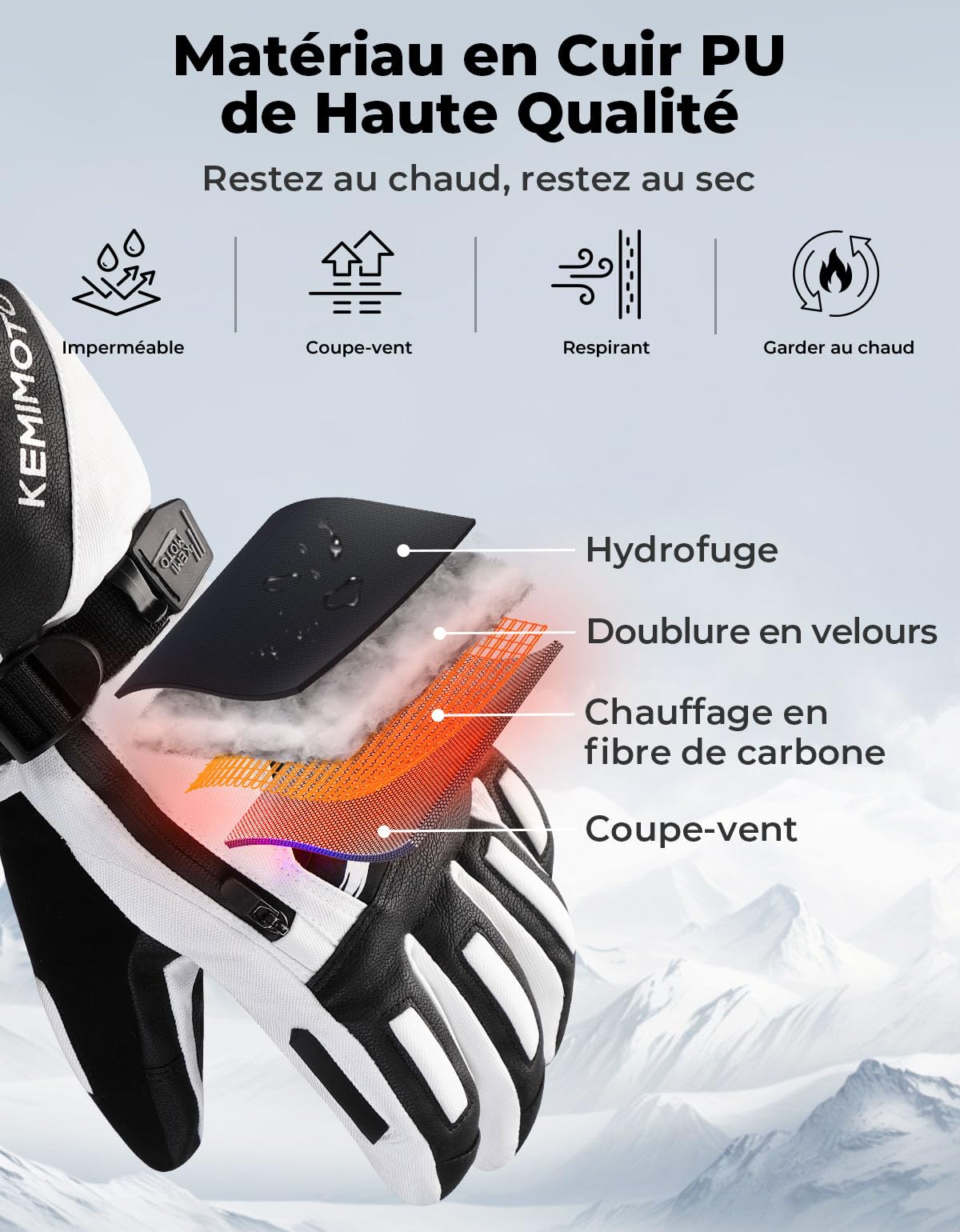 KEMIMOTO Gant Chauffant Moto, Gants Chauffants Hiver Coussin EVA, Écran Tactile et Résistants à l'usure, Thermiques Électriques la Moto, Le Ski, Le Scooter