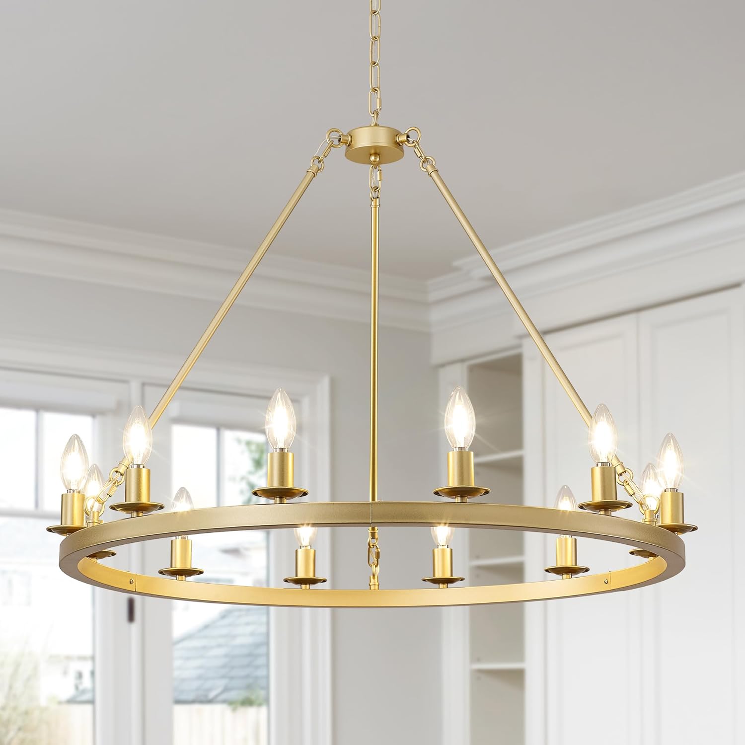 Gold Wagon Wheel Chandelier 32-Inch 12-Light,Extra Large Round Rustic Farmhouse Chandelier Metal Circle Chandeliers for Dining Room Living Room High Ceilings