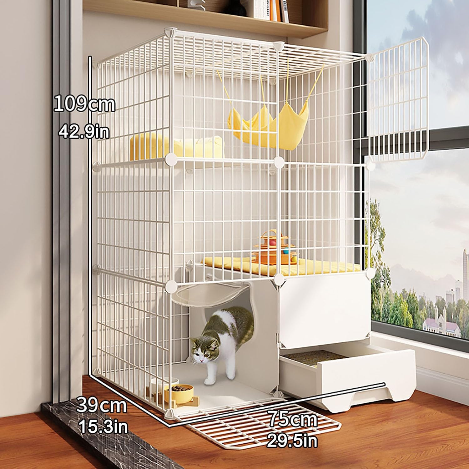 Gabbia per Gatti, Grande Gabbia per Gatti da Interno - Recinto Fai-da-Te per Gatti con lettiera per 1-2 Gatti, furetti, cincillà, Conigli - Spaziosa Recinzione in Filo Metallico 75x39x109 cm