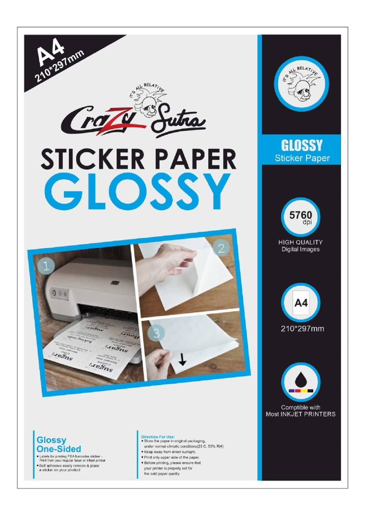 Crazy Sutra 25 Sheets A4 Self-Adhesive Sticker Label HIGH Glossy A4 Label Sticker Matte Surface Paper for Inkjet Printer